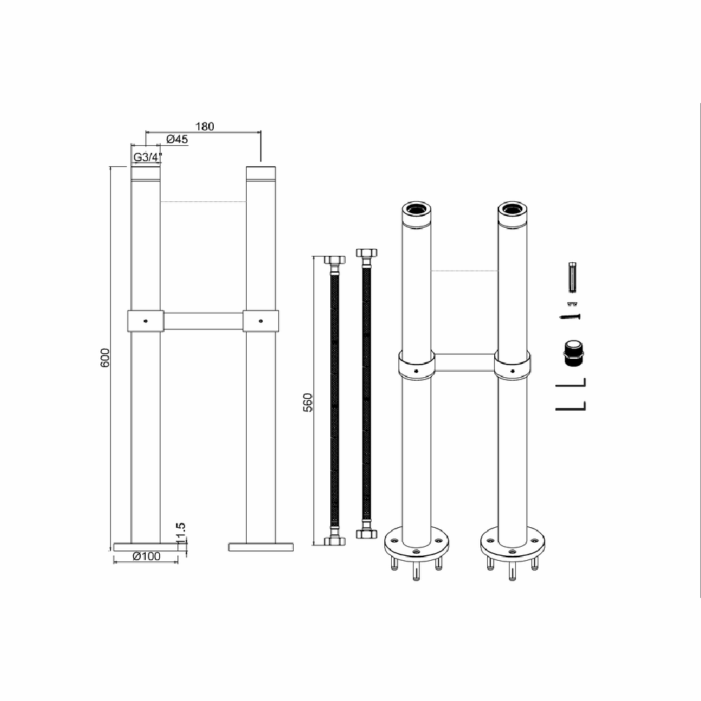 Burlington Bath Stand Pipes including Horizontal Support Bar