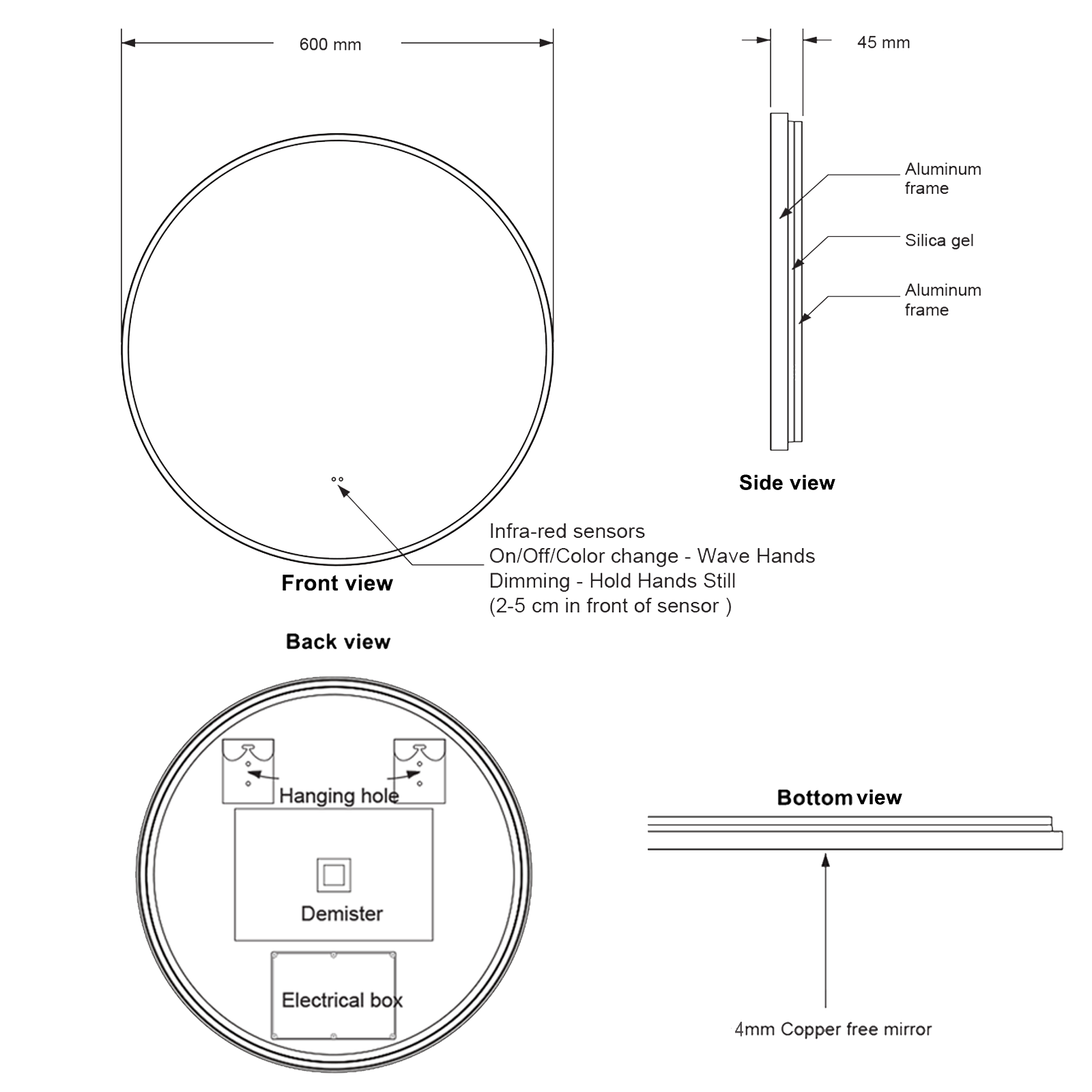 Core LED Illuminated Round Framed Mirror with Demister Pad & Colour Change Lights - 600mm