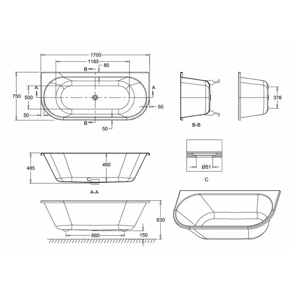 Burlington Avantgarde Back to Wall Roll Top Bath with Luxury Feet - 1700 x 750mm
