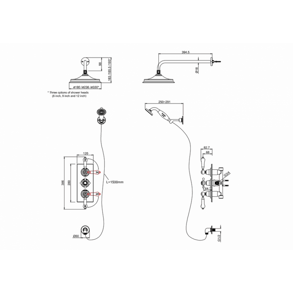 Burlington Trent Concealed Thermostatic Shower Kit with Airburst Shower Head and Ceramic Handle Handset