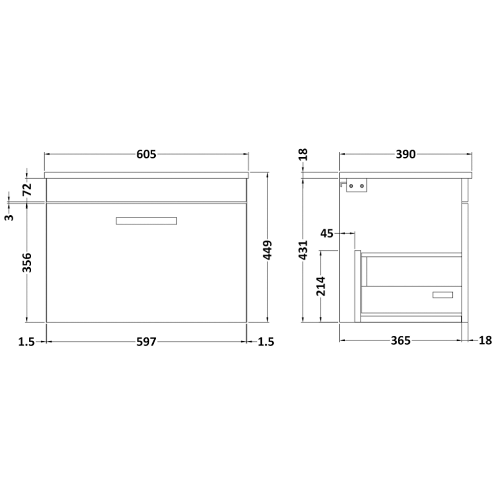 Emily 600mm Wall Mounted 1 Drawer Unit and Countertop