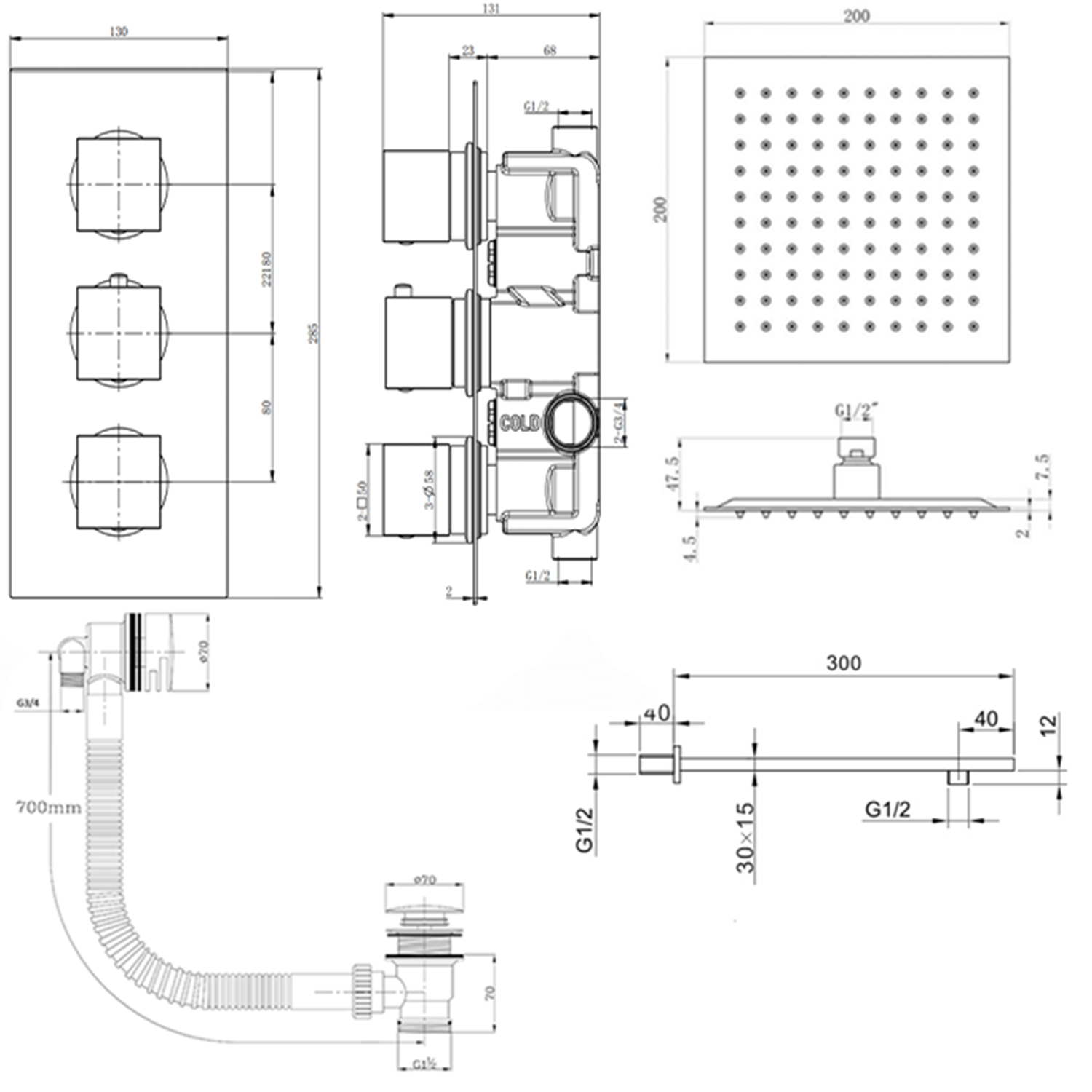Harbour Status Matt Black Concealed Shower Valve, Fixed Wall Mounted Head & Overflow Bath Filler