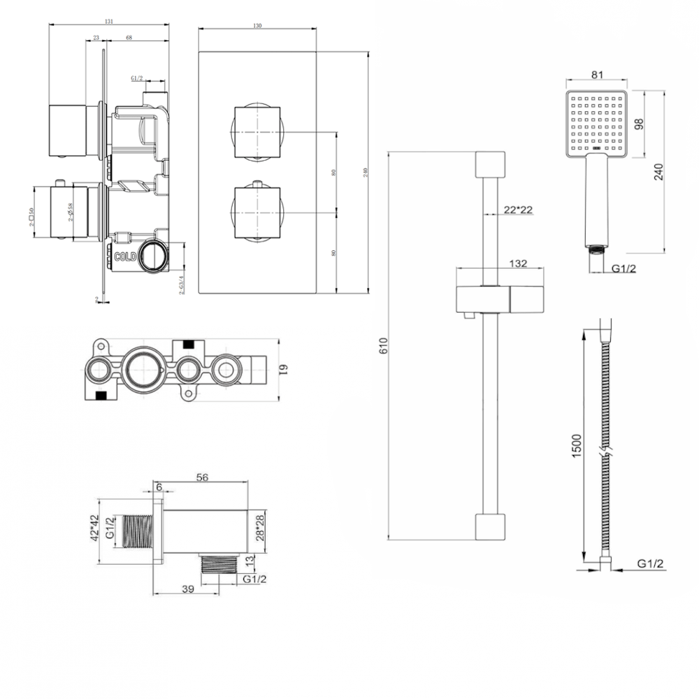 Harbour Status Matt Black Concealed Thermostatic Valve & Slide Rail Kit