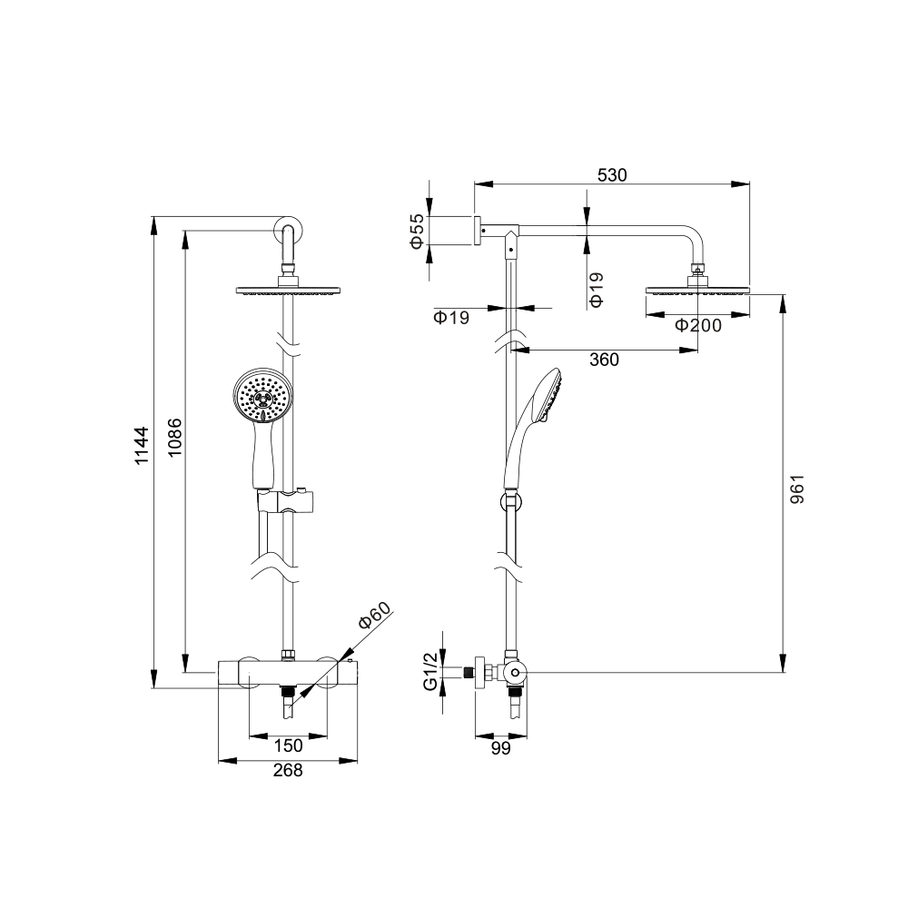 Crosswater Fusion Thermostatic Exposed Shower Kit with Fixed Head & 3 Mode Shower Handset