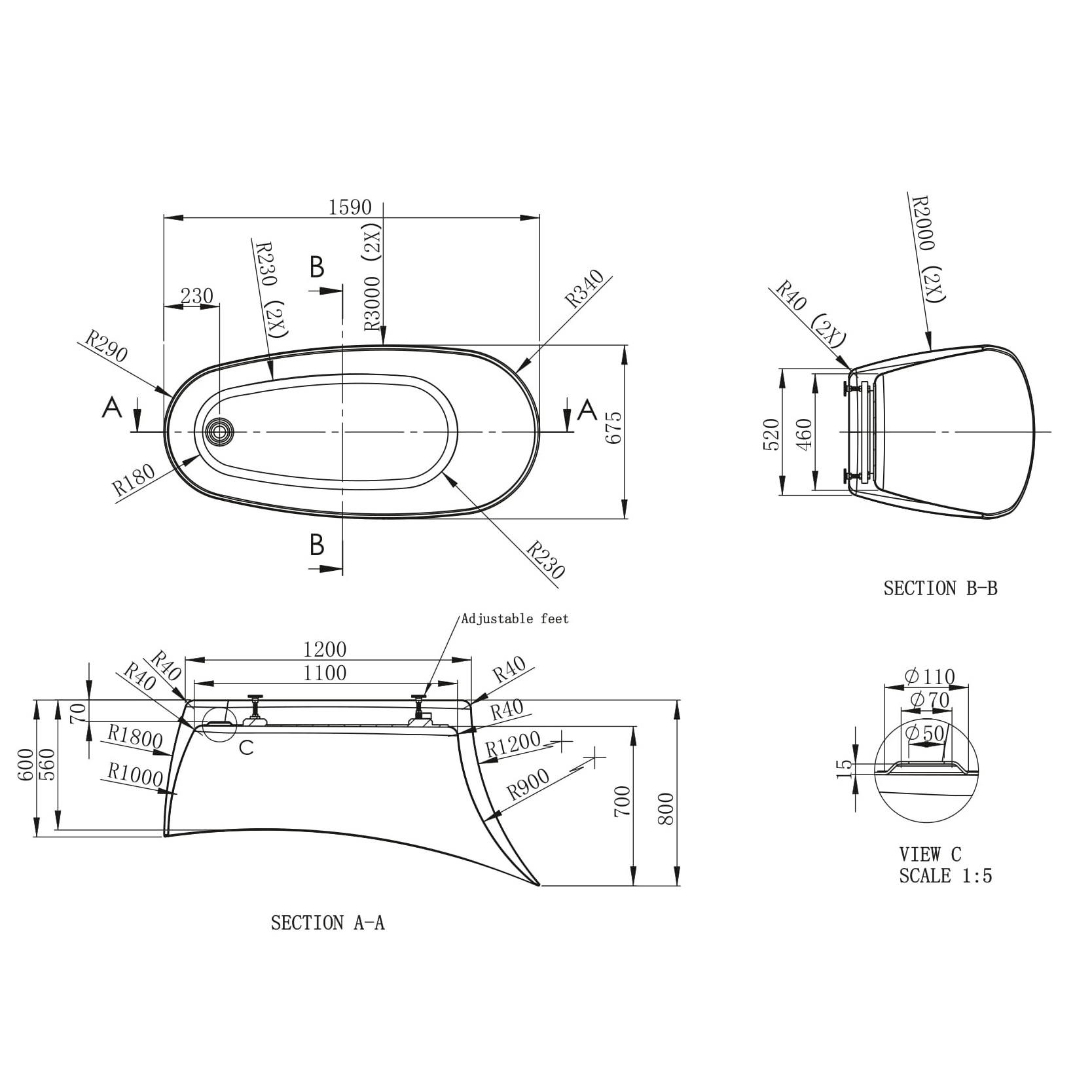 BC Designs Slipp Freestanding Bath - 1590 x 675mm