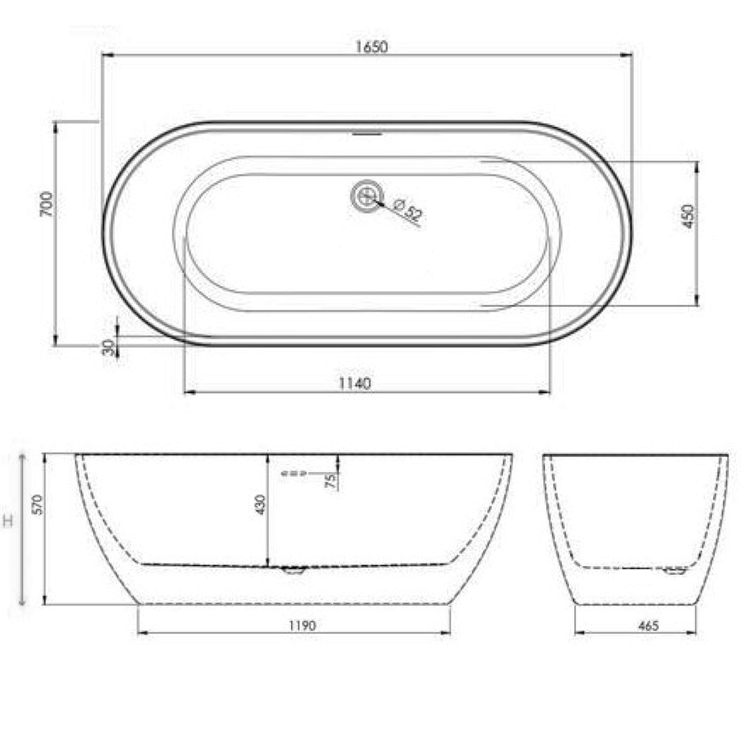 Ellie Acrylic White Freestanding Bath - 1650 x 700mm