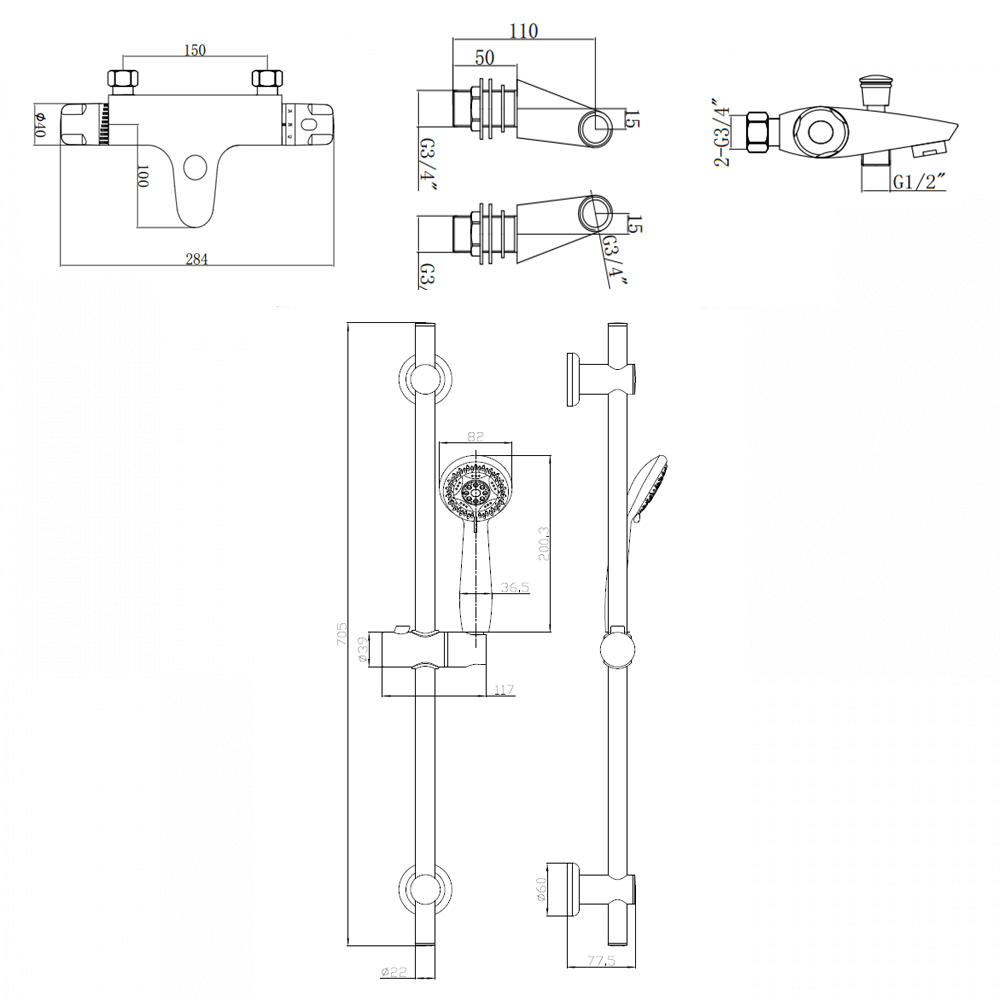 Clara Thermostatic Bath Shower Mixer & Slide Rail Kit