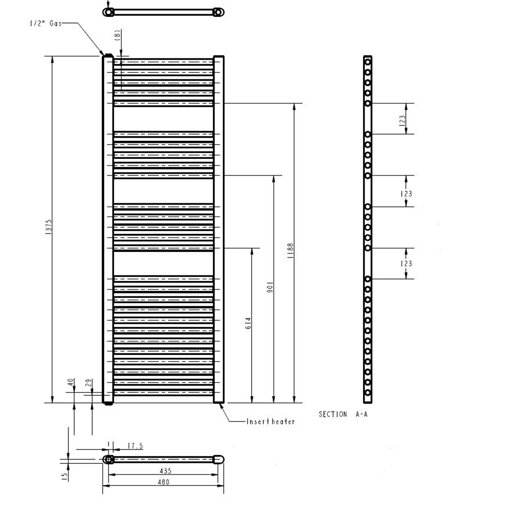 Brenton Hestia Electric Straight White Heated Towel Rail - 22mm - 1375 x 480mm