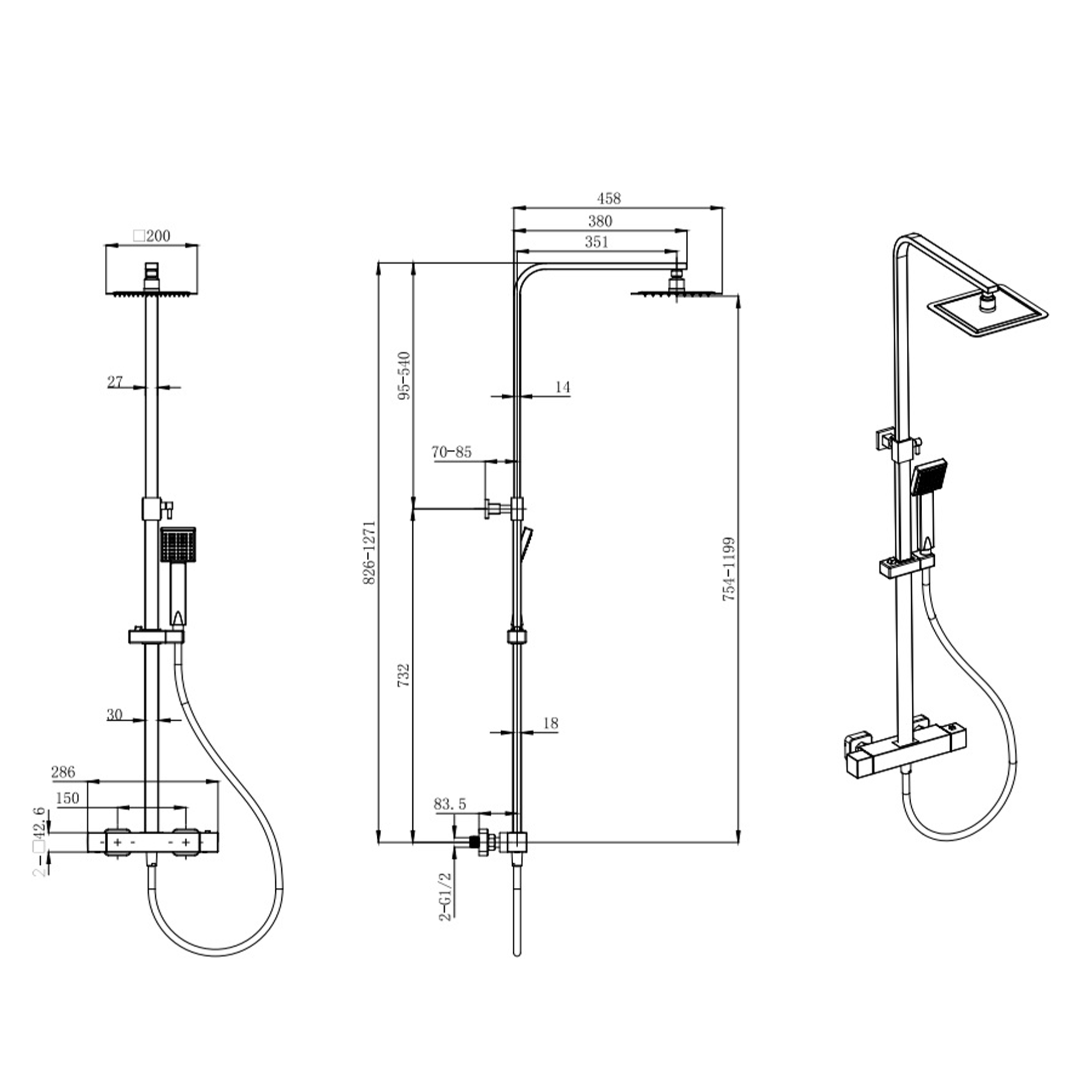 Harbour Status Cool Touch Square Thermostatic Rigid Riser Shower Kit