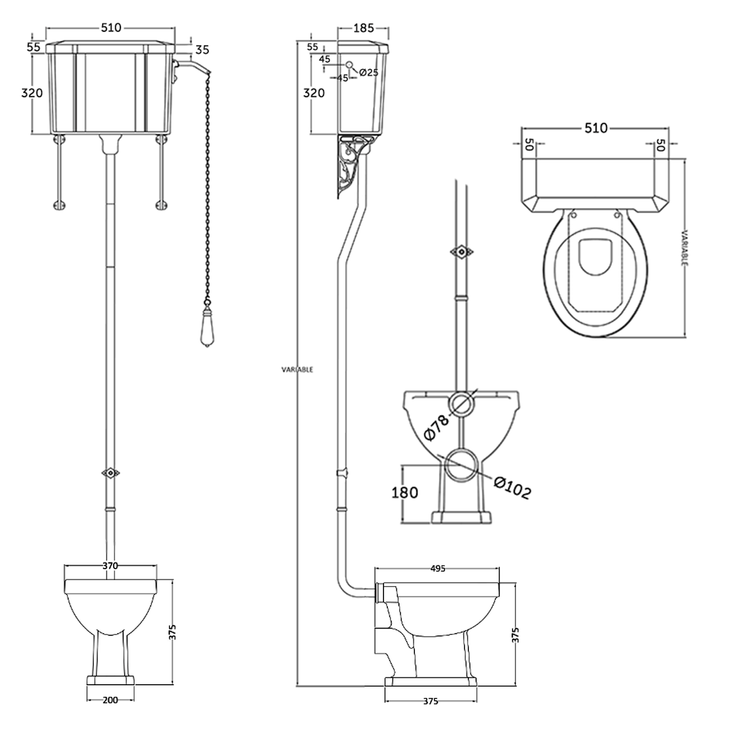 Butler & Rose Audrey Traditional High Level Toilet, Cistern & Flush Pipe Kit and Optional Seat