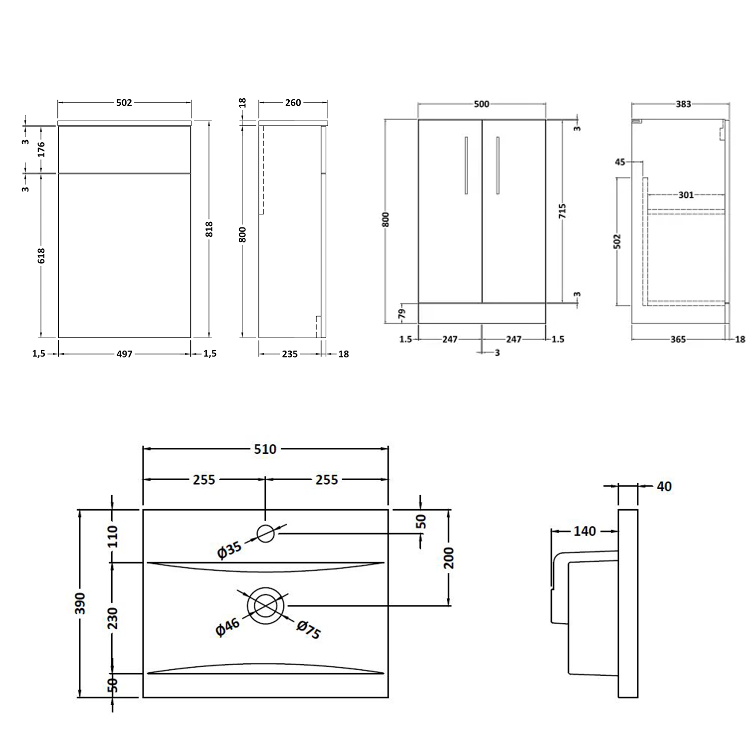 Erin 1000mm 2 Door Combination Basin & Toilet Unit