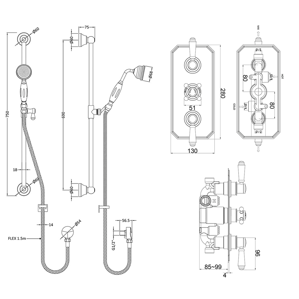 Edith Concealed Shower Valve, Fixed Shower Head & Slide Rail Kit
