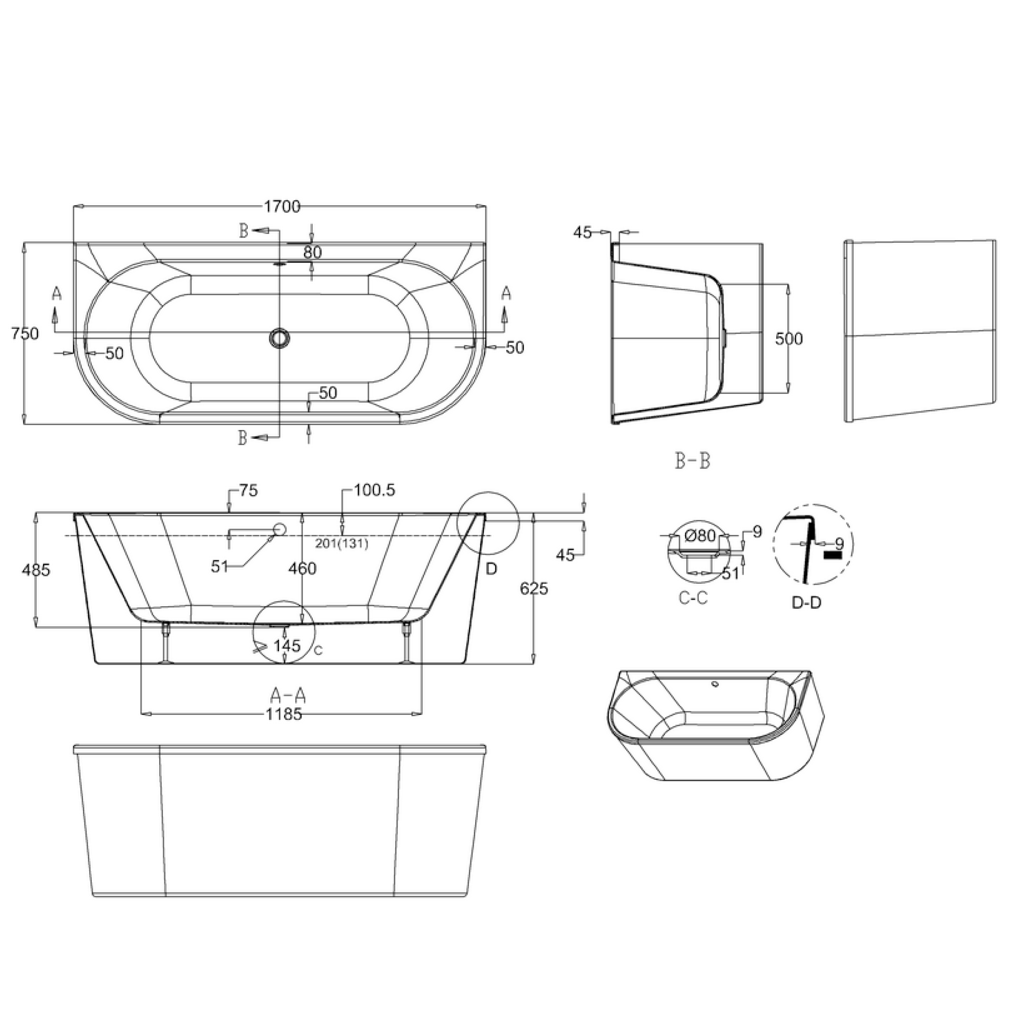 Crosswater Serene Back to Wall Bath - 1700x750mm