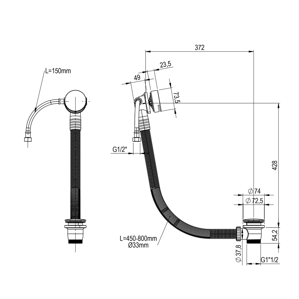 Inox Brushed Stainless Steel Overflow Bath Filler with Click Clack Waste