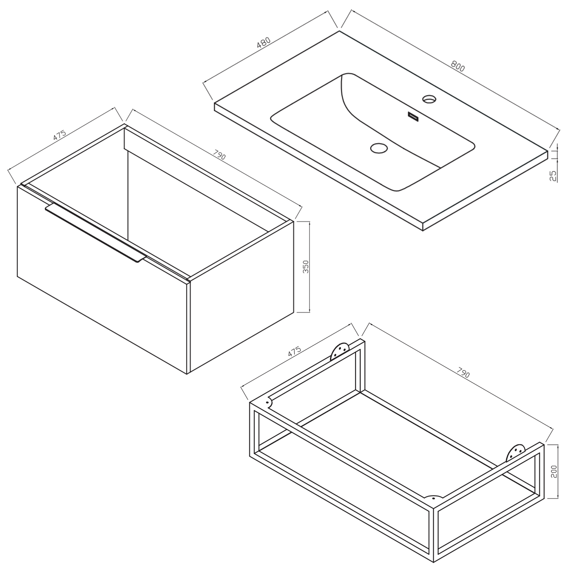 Harbour Symmetry 800mm Wall Hung Vanity Unit with Matt Black Frame Shelf and Handle & Basin