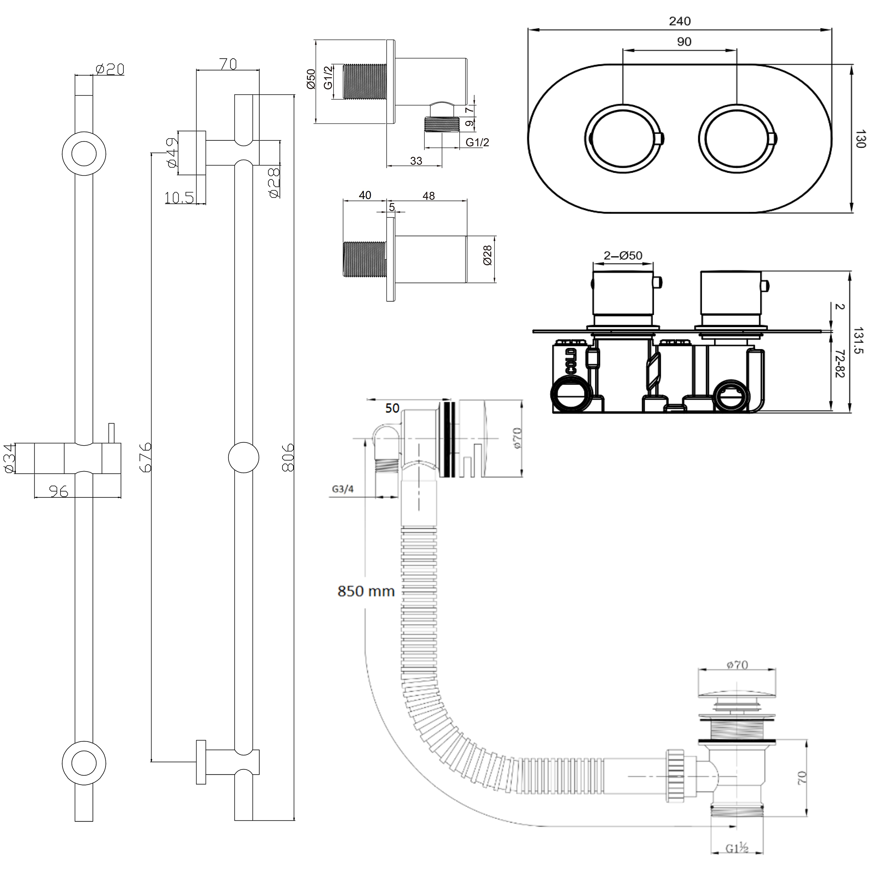 Harbour Clarity Brushed Brass Shower Package with 2 Outlet Valve, Slide Rail Kit and Overflow Bath Filler