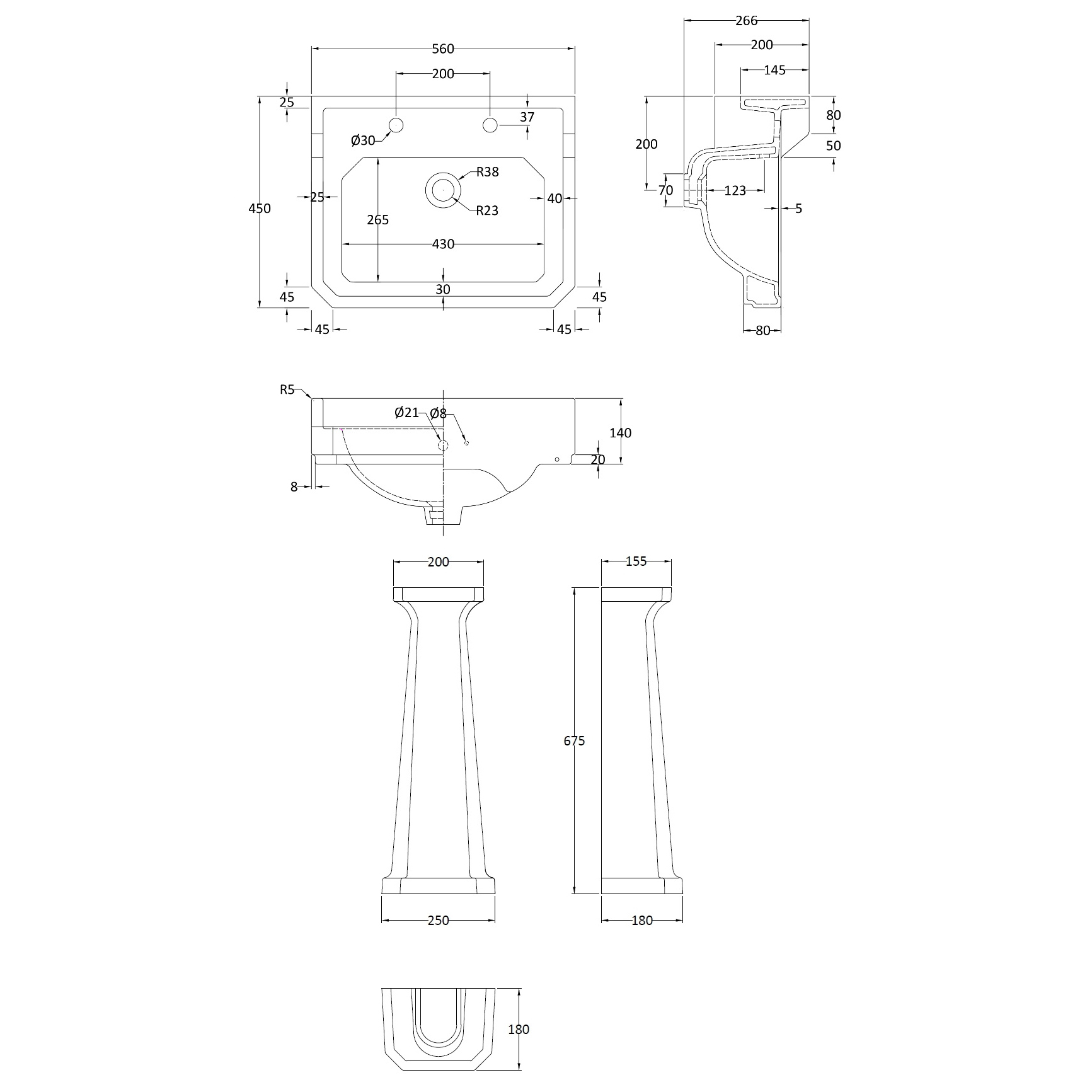 Butler & Rose Catherine 560mm Full Pedestal & Basin - 2 Tap Hole