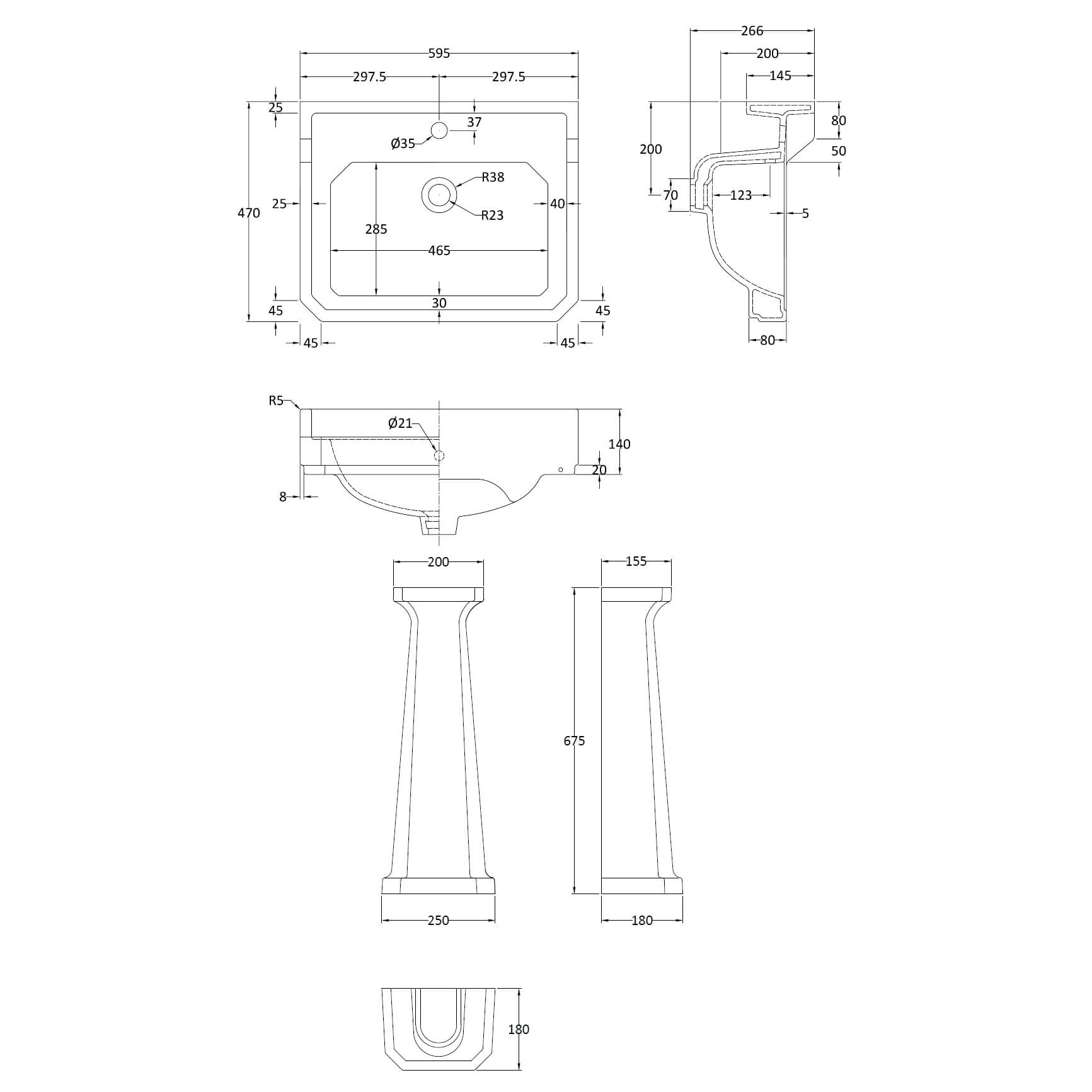 Butler & Rose Catherine 600mm Full Pedestal & Basin - 1 Tap Hole