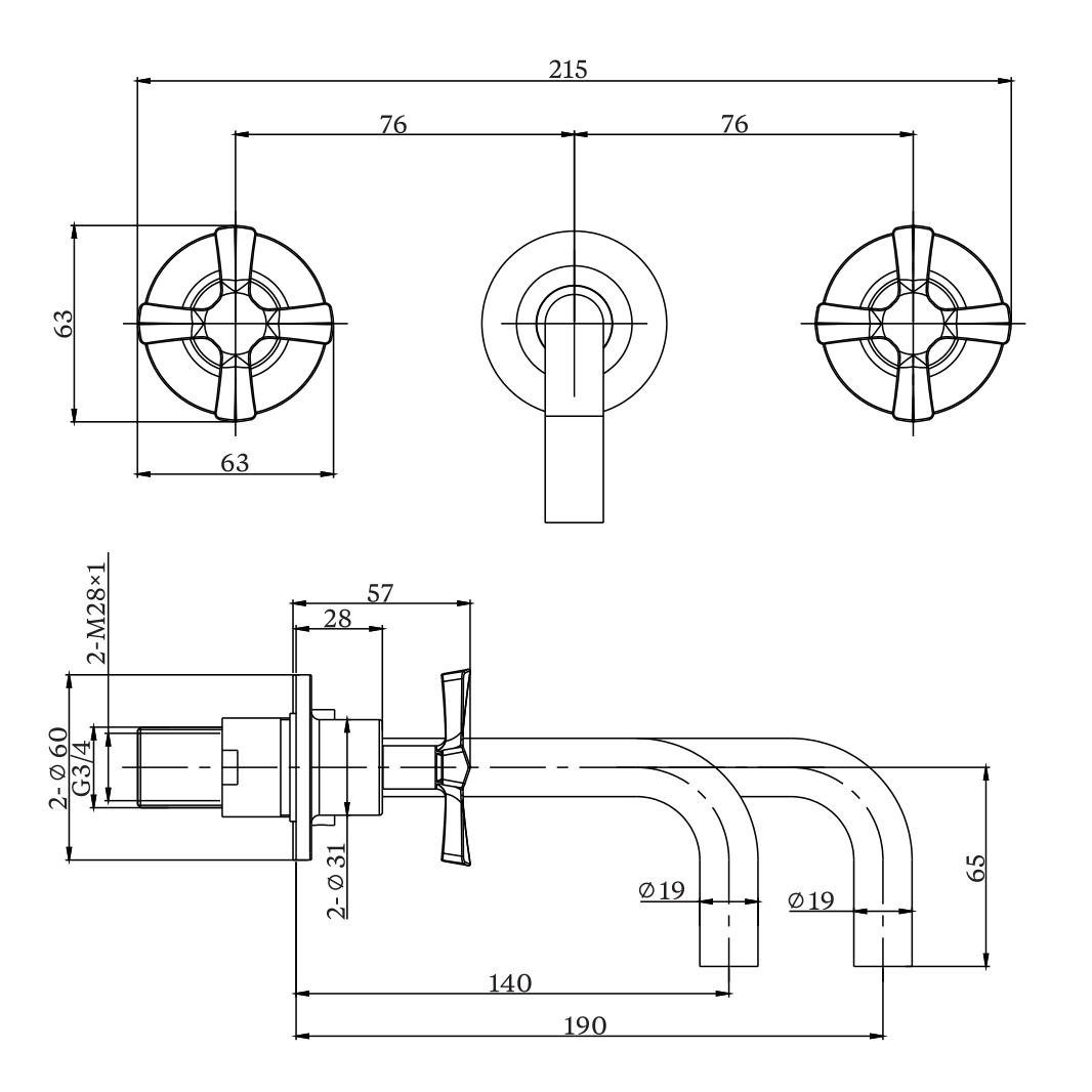 Burlington Riviera 3 Hole Wall Mounted Basin Mixer Tap