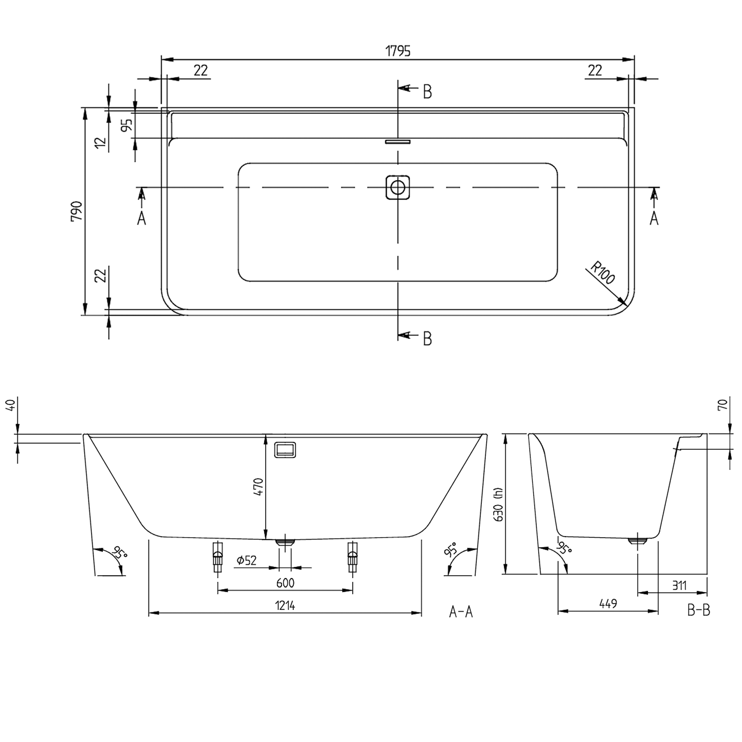 Villeroy & Boch Collaro Back to Wall Central Bath - 1795 x 790mm