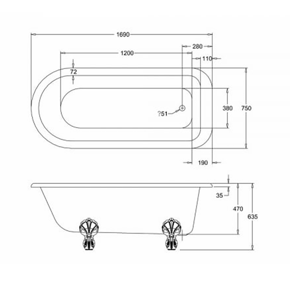 Burlington Blenheim Roll Top Bath with Luxury Feet - 1700 x 750mm