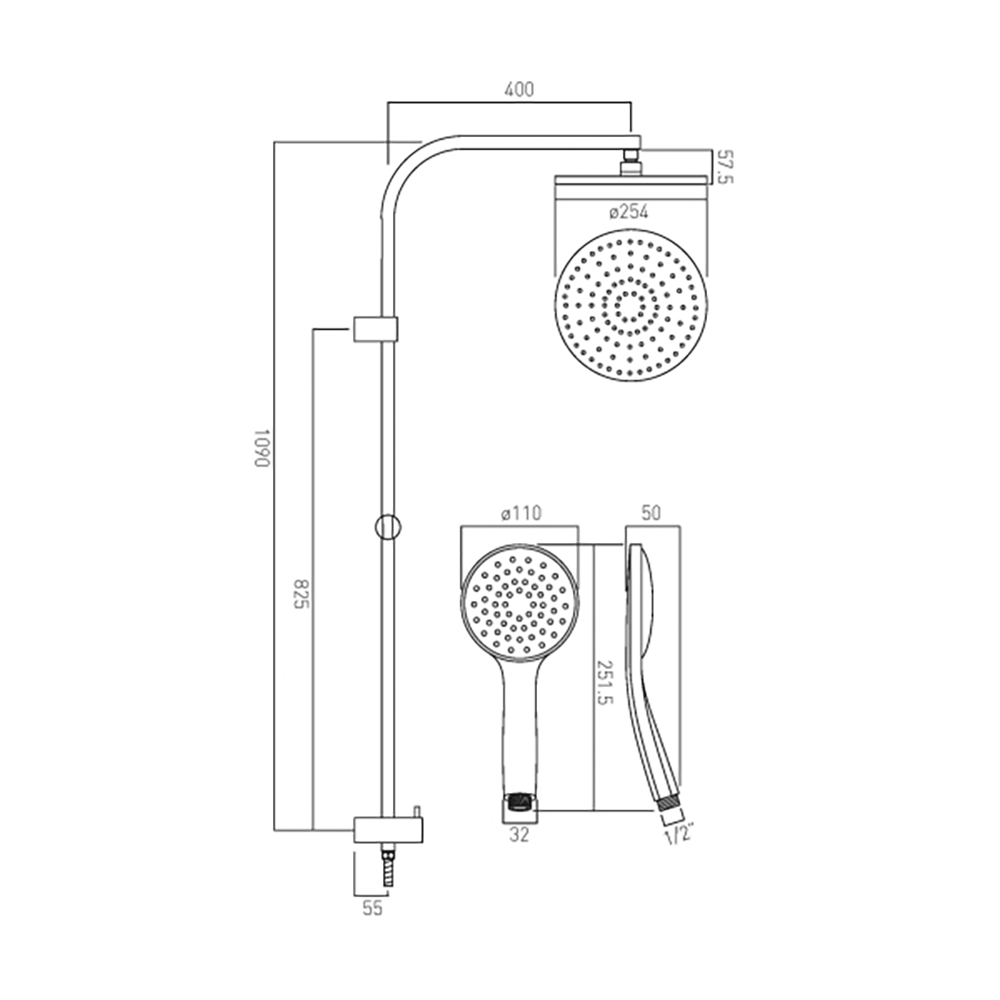 Vado Single Function Rigid Riser Kit, Fixed Shower Head & Shower Handset