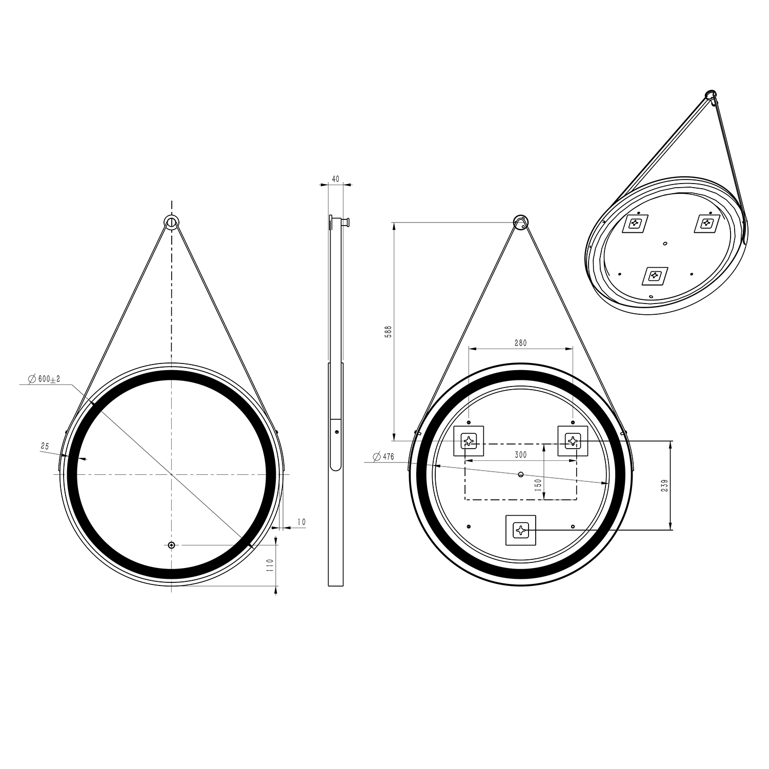 Harbour Status LED Illuminated Brushed Brass Round Mirror with Demister Pad, Colour Change Lights & Strap - 600mm