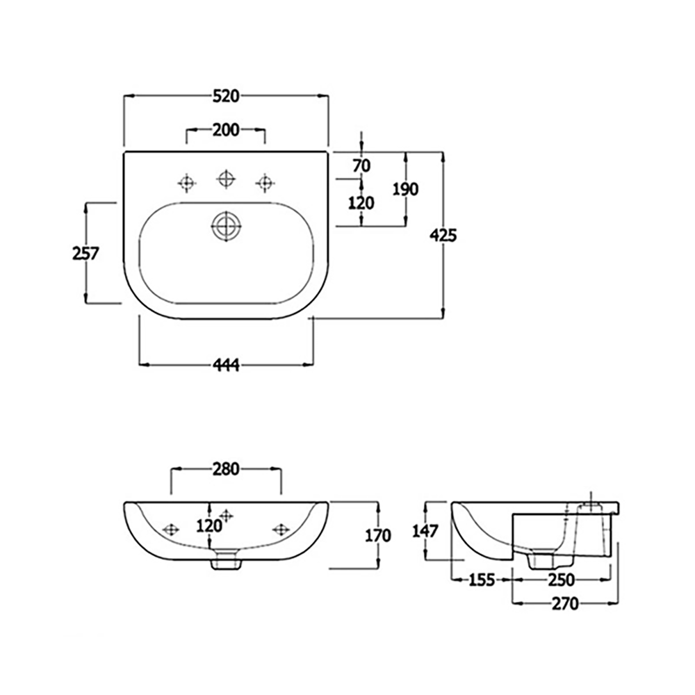 RAK Tonique 520mm Semi Recessed Basin with 1 Tap Hole