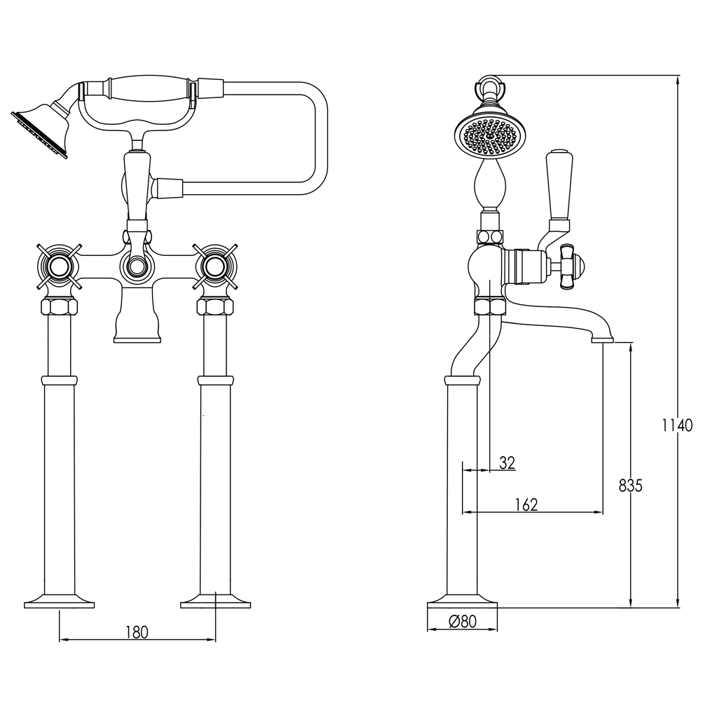 Butler & Rose Caledonia Pinch Floor Standing Bath And Shower Mixer Tap With Shower Kit