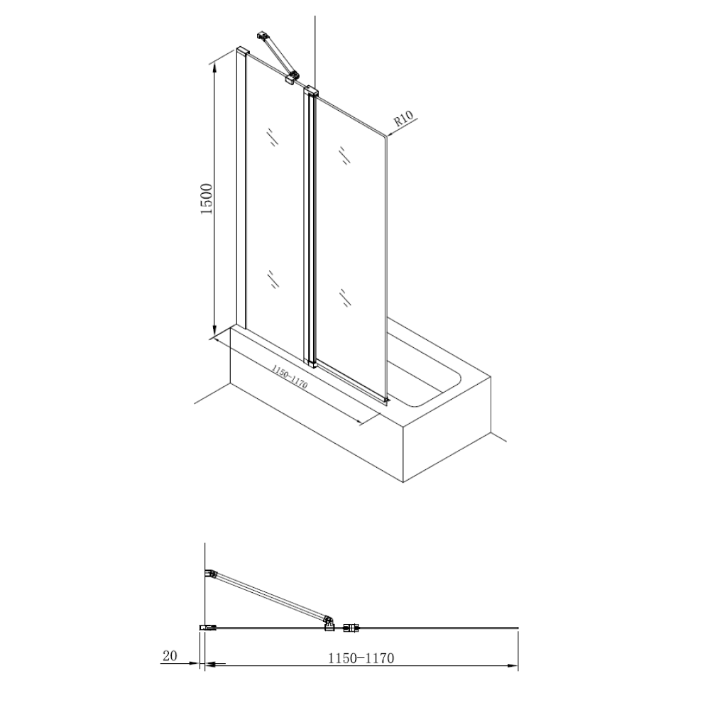 Crosswater Clear 6 6mm Easy Clean Double Panel Hinged Bath Screen - 1500 x 1150mm