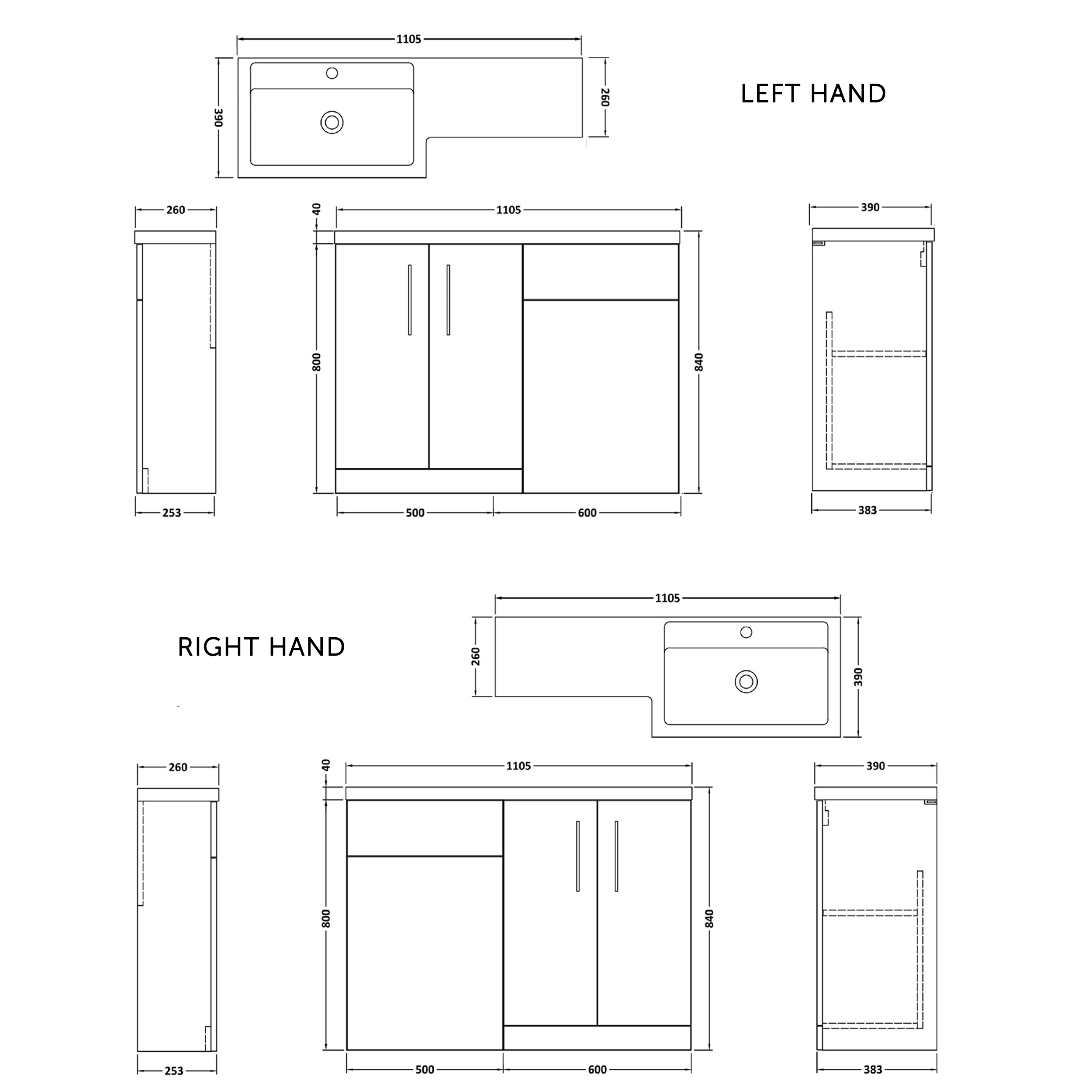 Erin 1100mm Black Charcoal Combination Bathroom 2 Door Sink & Toilet Unit
