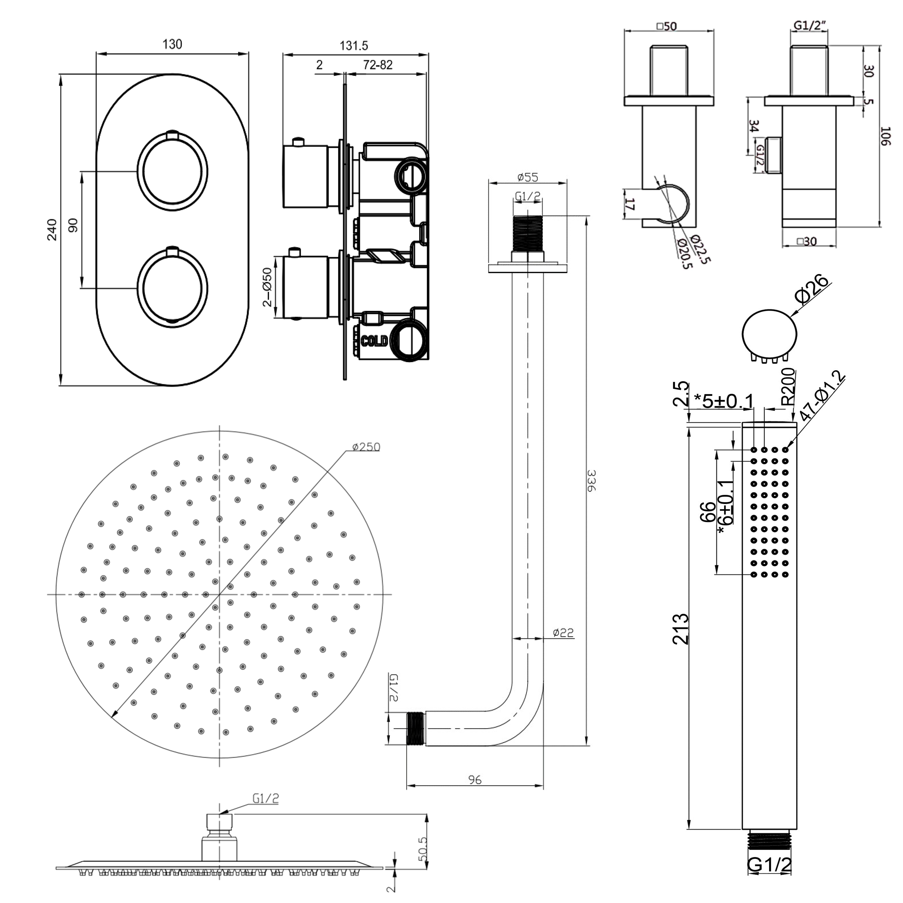 Harbour Clarity Brushed Brass Shower Package with 2 Outlet Valve, Fixed Head & Arm and Wall Shower Kit