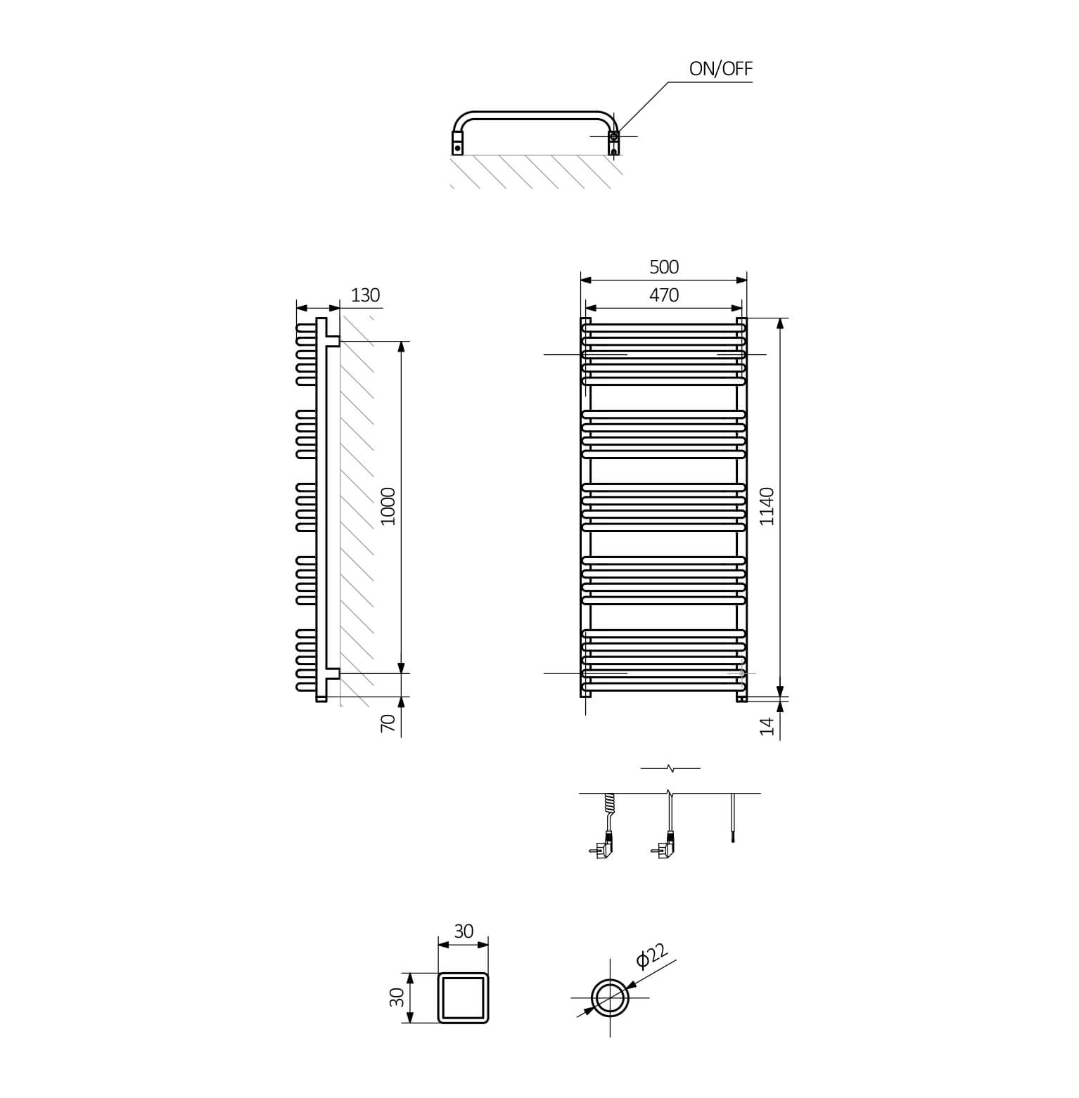 Terma Alex One Electric Heated Towel Rail with Heating Element - Brushed Brass - 1140 x 500mm