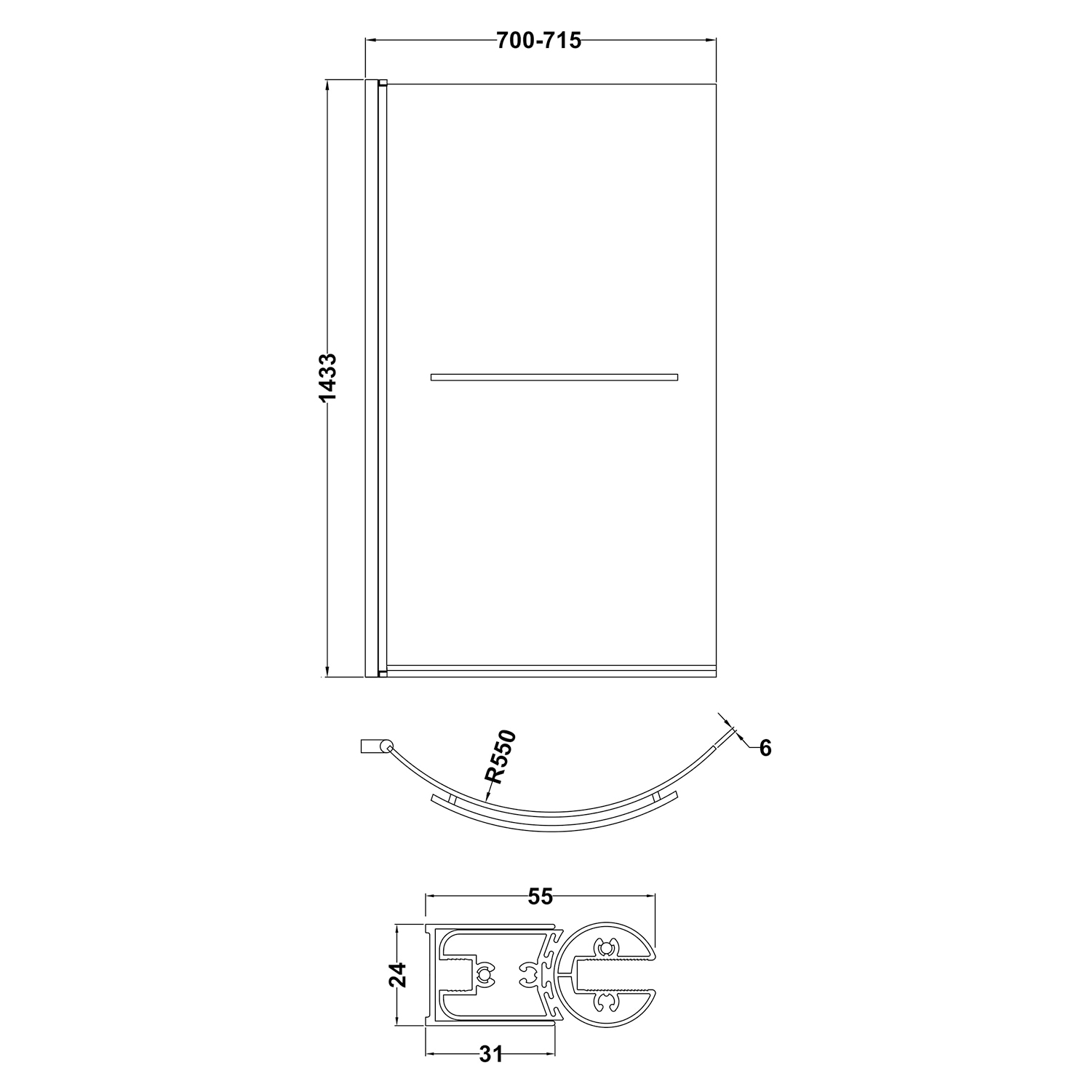 Drench Curved Polished Chrome Hinged P-Bath Screen With Towel Rail - 1435 x 720mm