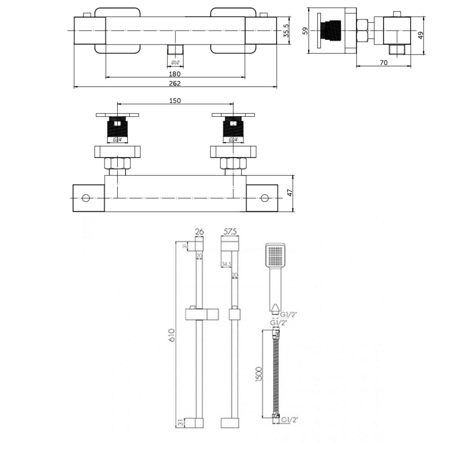 Leon Thermostatic Bar Shower Valve & Slide Rail Kit