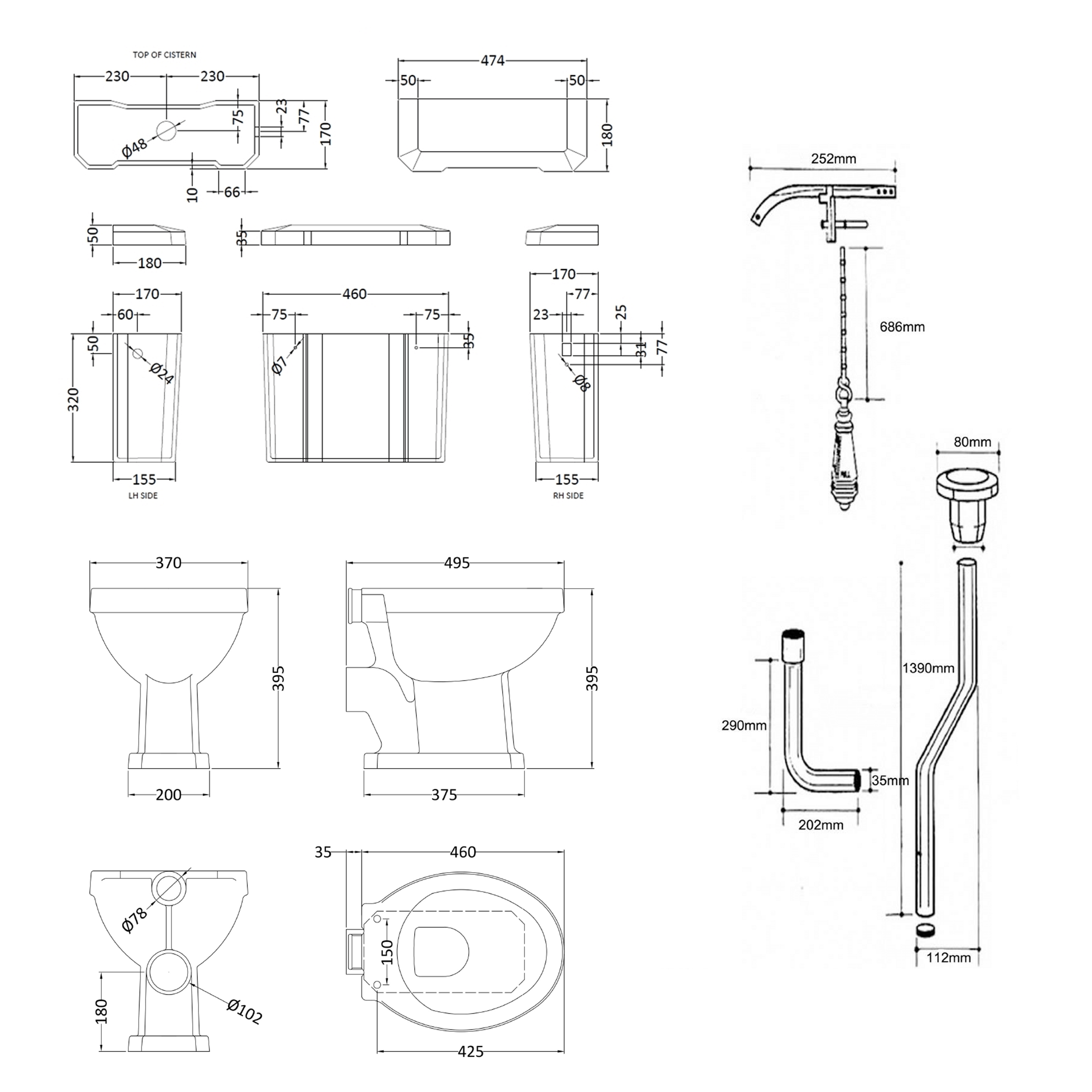 Butler & Rose Catherine Traditional High Level Toilet with Pan, Cistern & Brushed Brass Flush Pipe Set