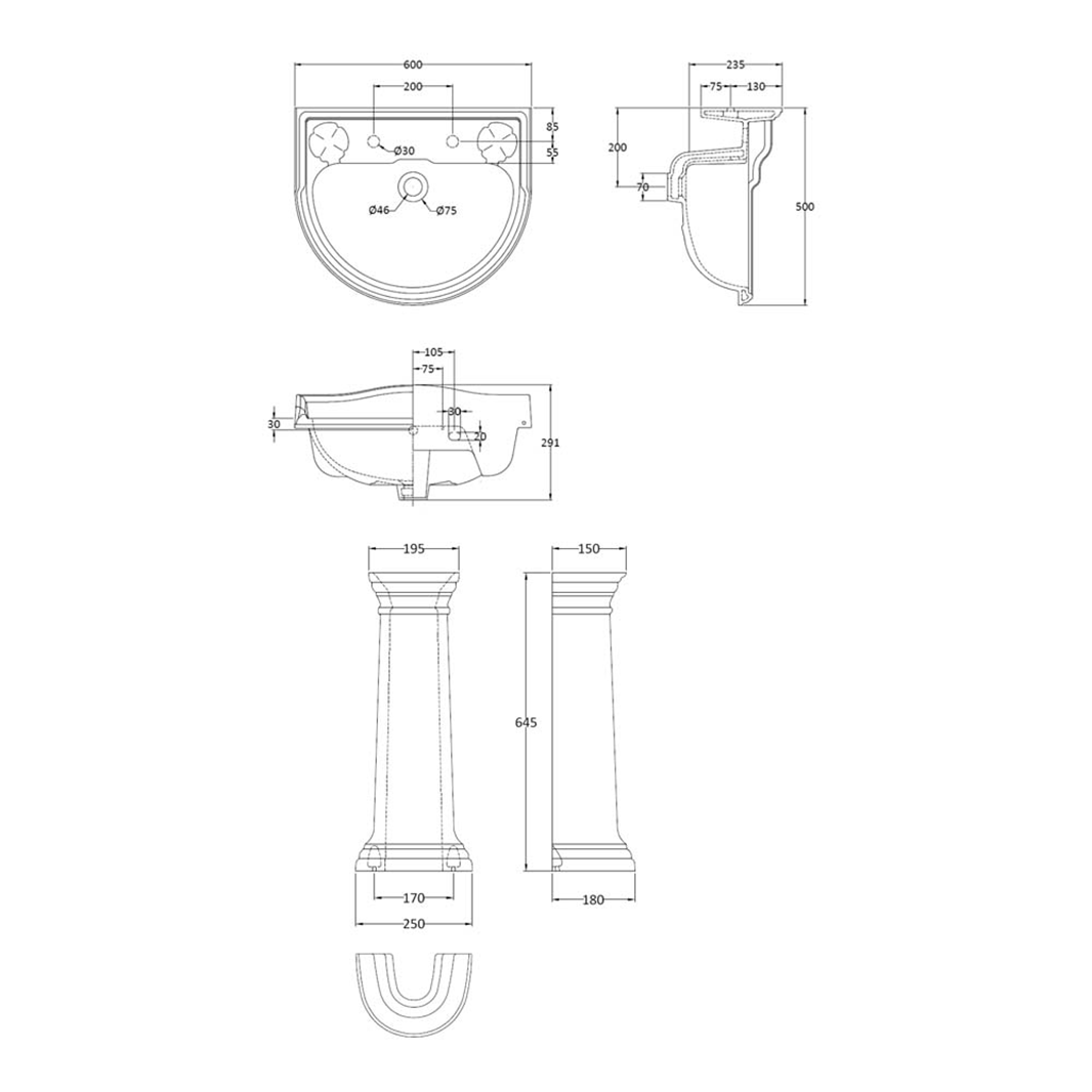 Butler & Rose Benedict 600mm Full Pedestal & Basin - 2 Tap Hole