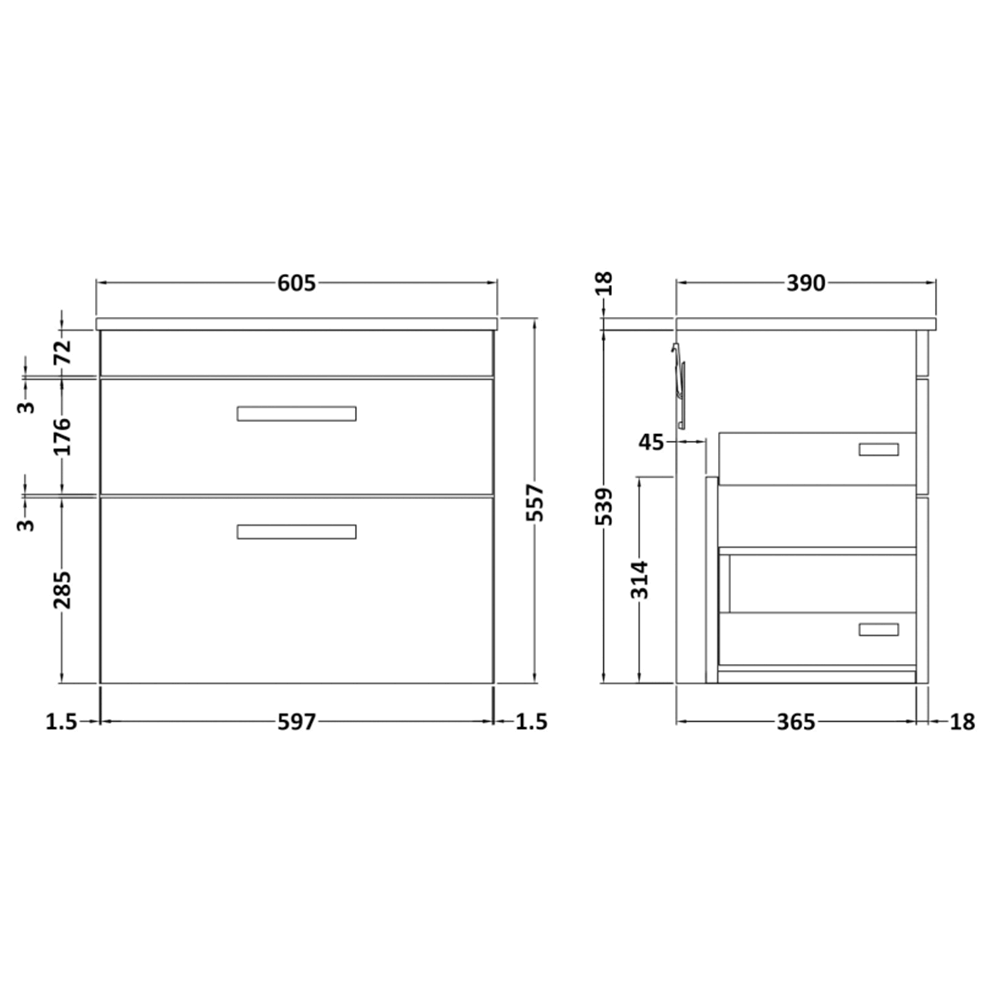 Emily 600mm Wall Mounted 2 Drawer Unit and Countertop