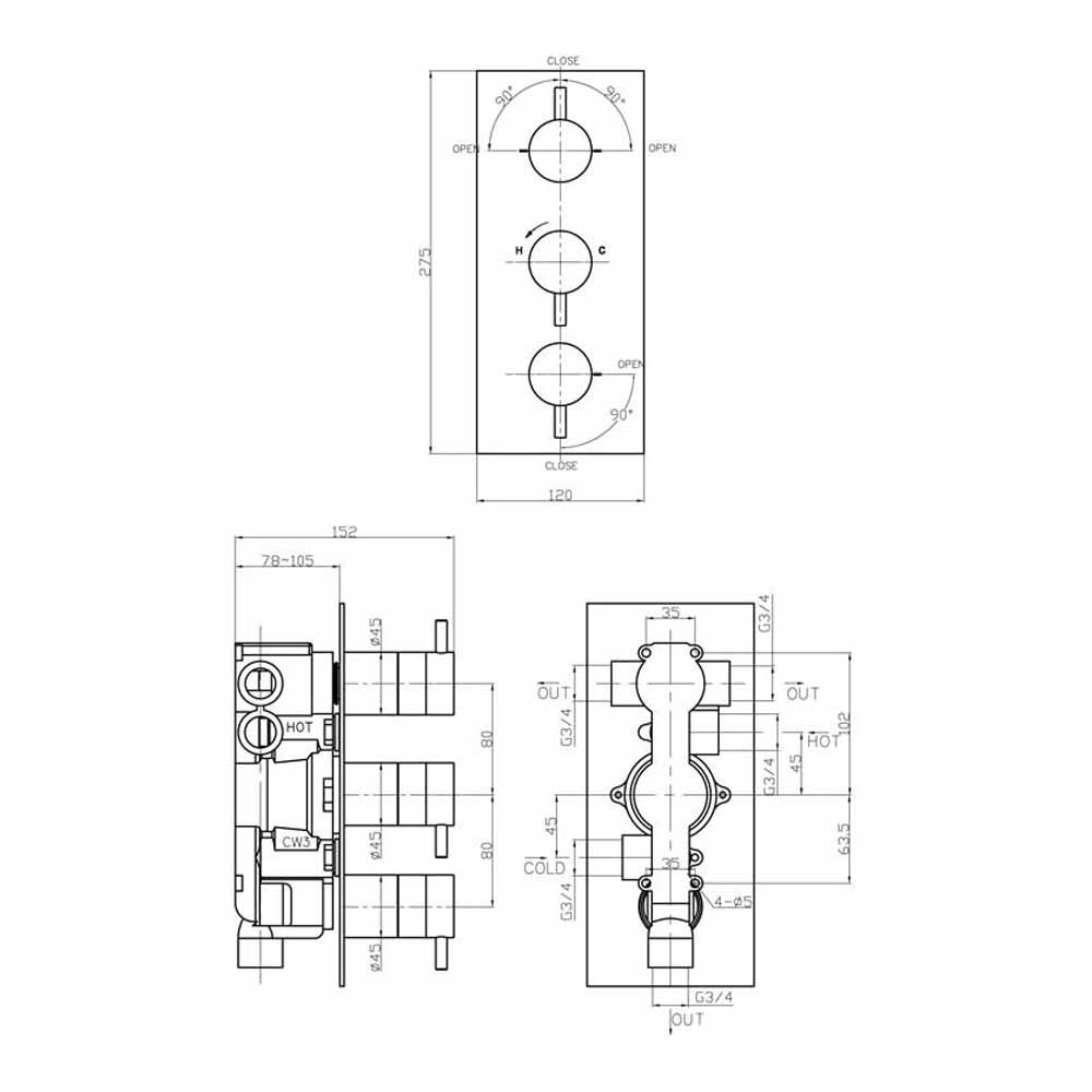 Crosswater Kai Triple Lever Concealed Thermostatic Shower Valve with 3 Way Diverter