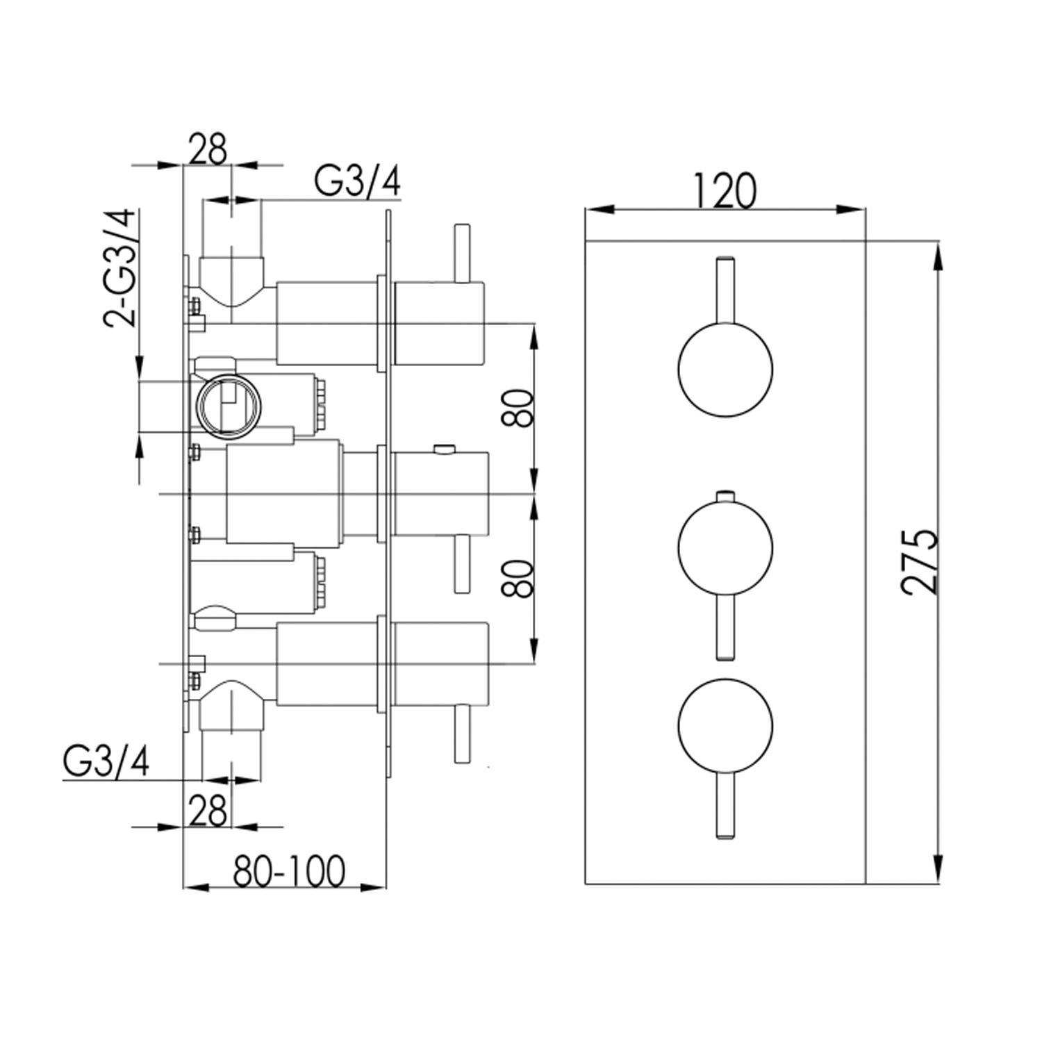 VOS Vertical 2 Outlet Concealed Thermostatic Shower Valve - Brushed Bronze