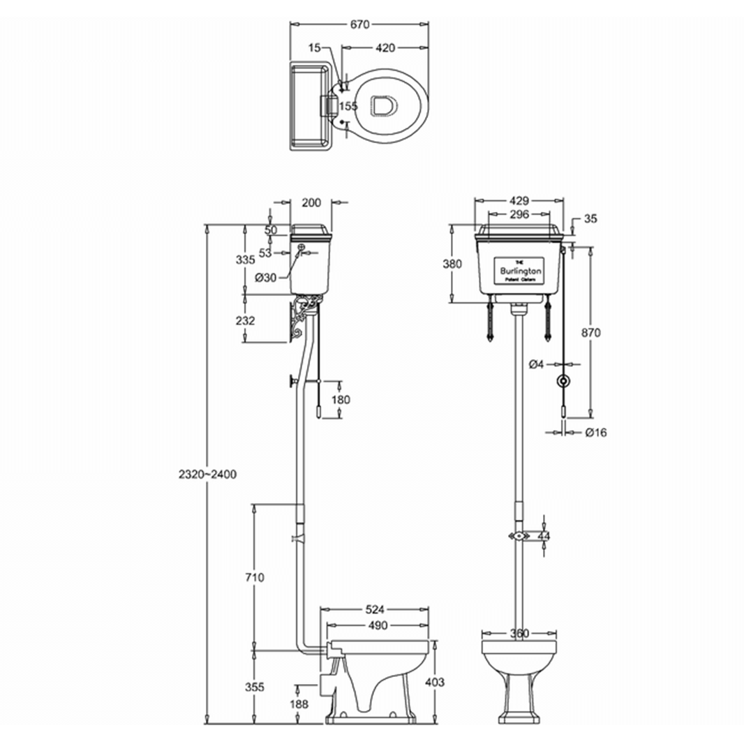 Burlington High Level Toilet with Black Aluminium Cistern (Excluding Seat)