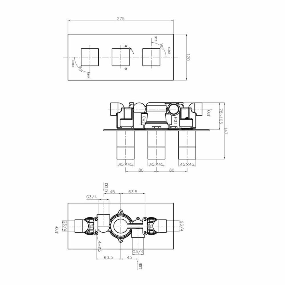 Crosswater Water Square Thermostatic Shower Valve 3 Control - Portrait