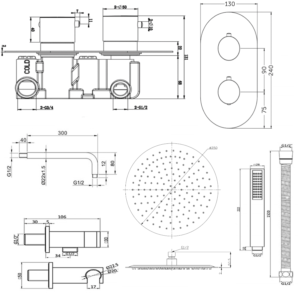 Harbour Clarity Matt Black Shower Package with 2 Outlet Valve, Fixed Head & Arm and Wall Shower Kit