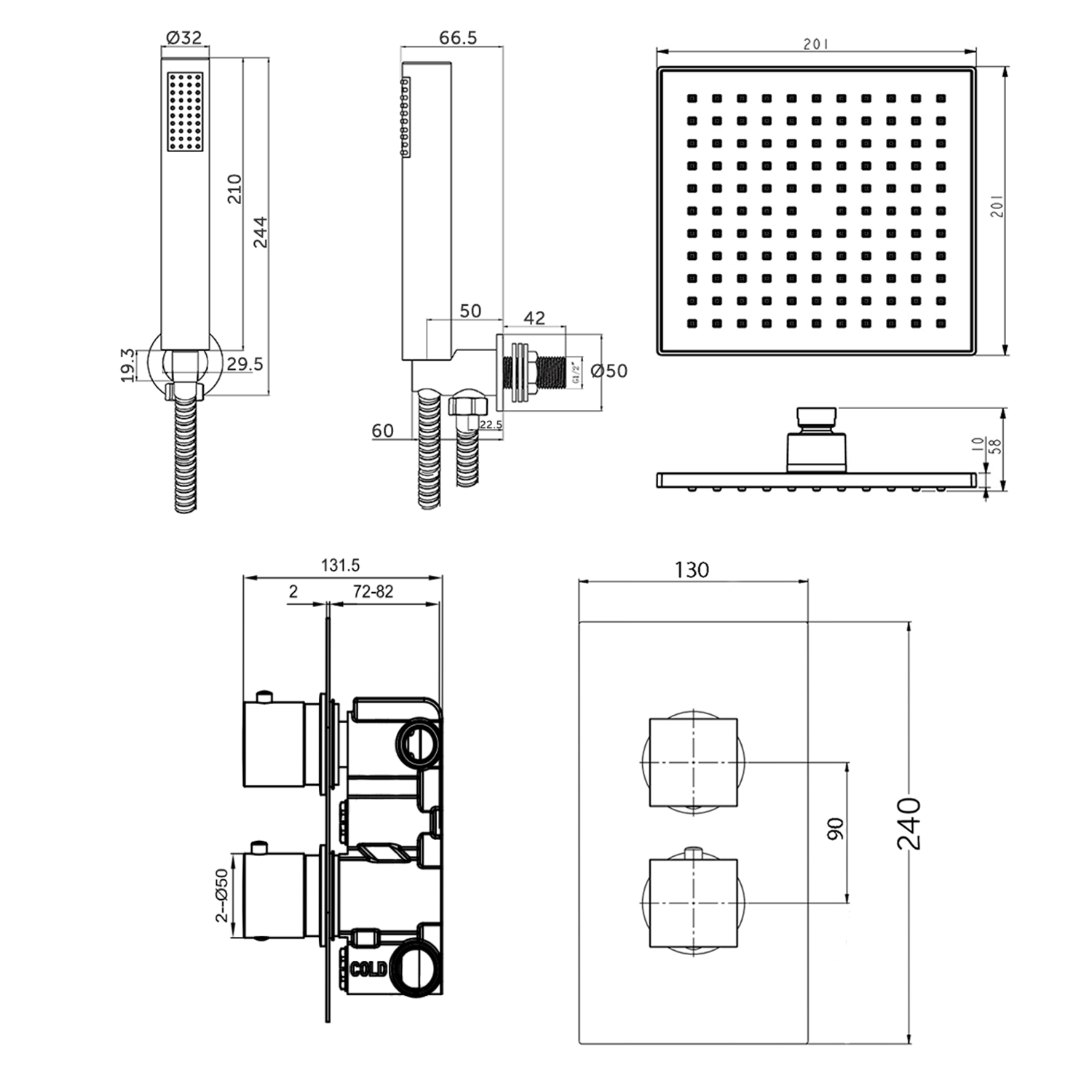 Zachary Concealed Shower Valve, Fixed Head & Shower Handset Kit