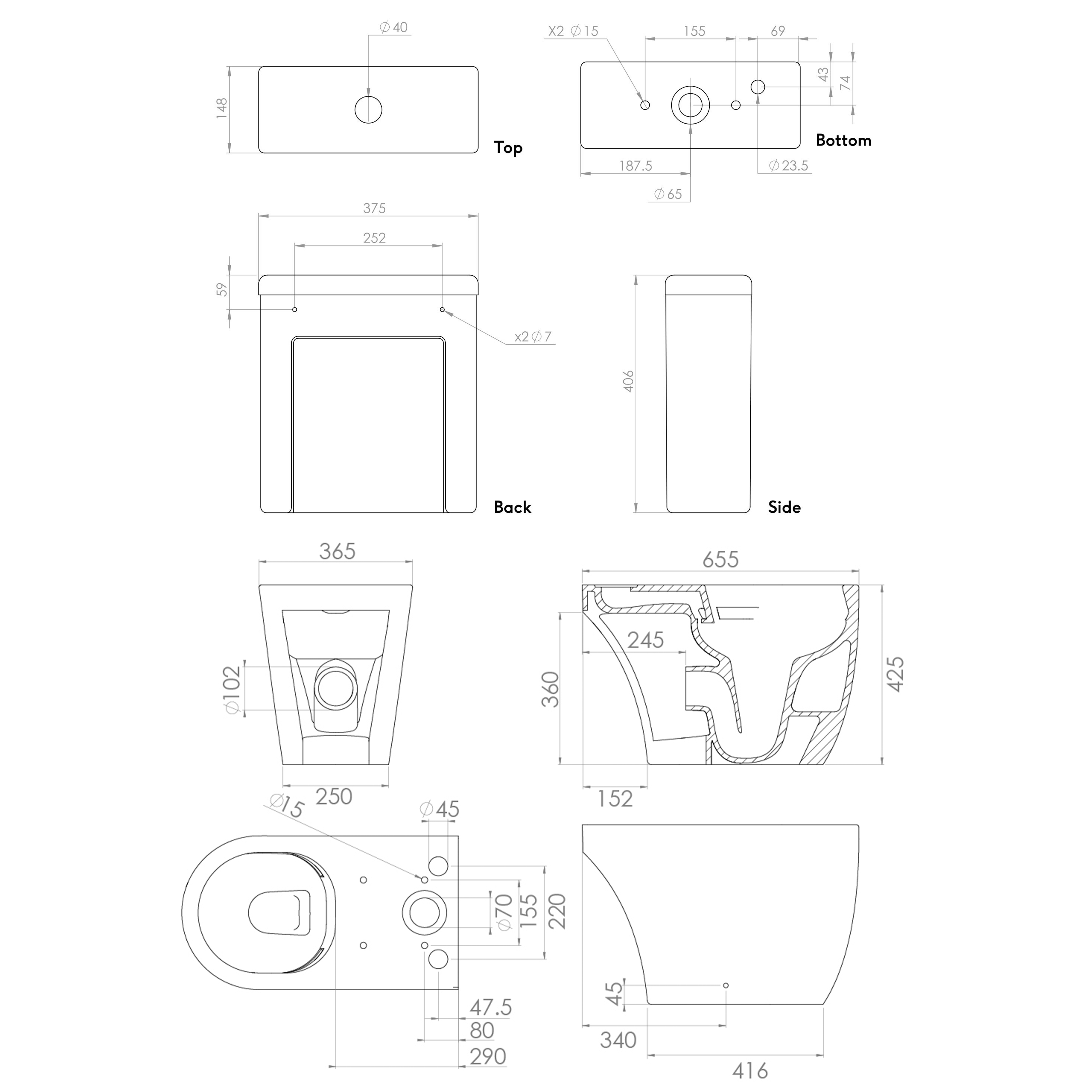 Saneux Uni Close Coupled Rimless Open Back Toilet & Soft Close Seat