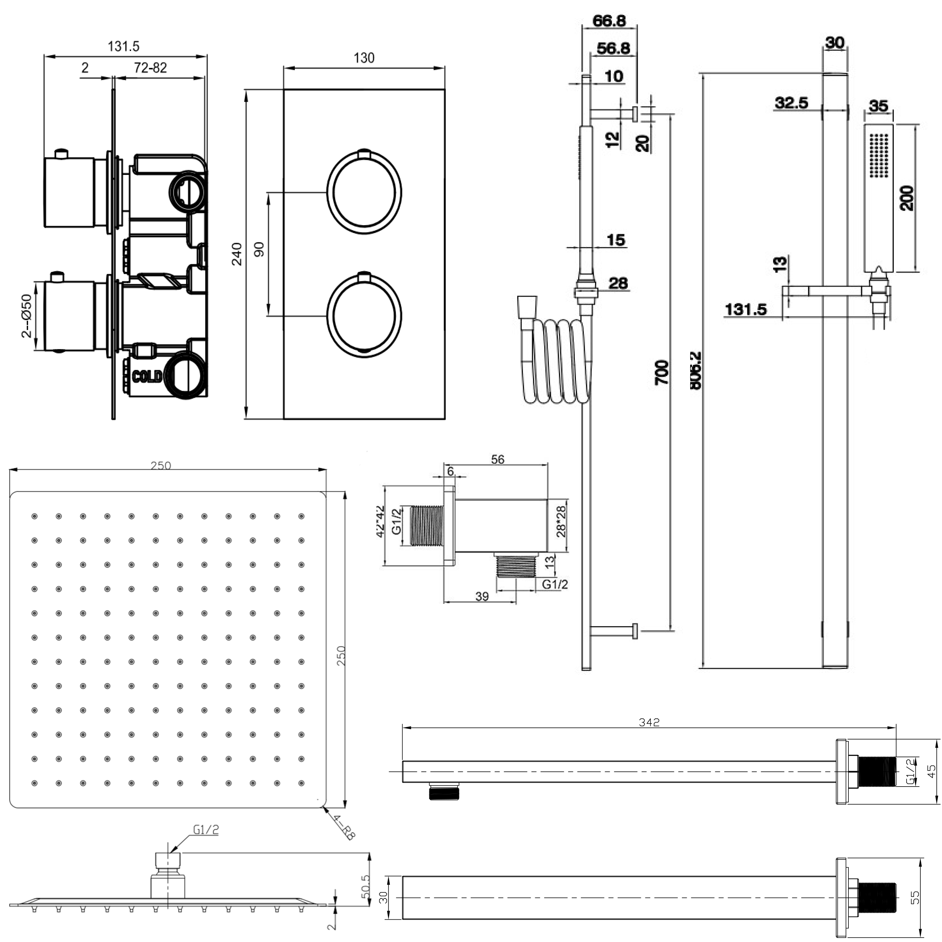 Harbour Status Brushed Brass Shower Package with 2 Outlet Valve, Fixed Head & Arm and Slide Rail Shower Kit