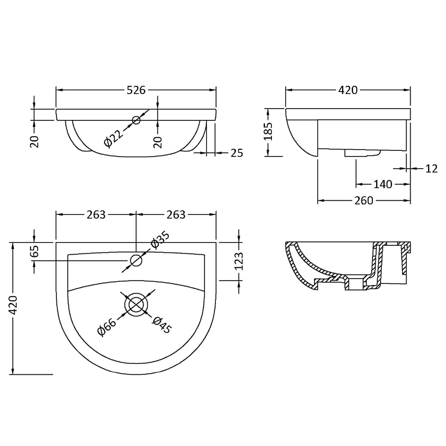 Lorraine 500mm Semi Recessed Basin