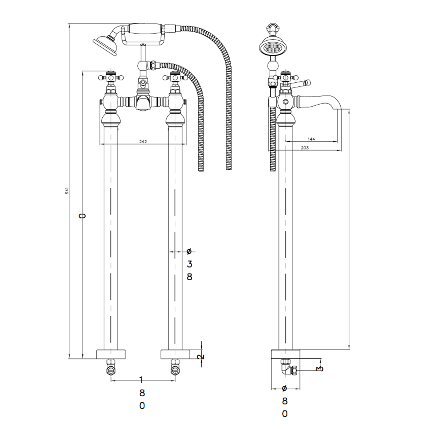 Butler & Rose Beatrice Brushed Brass Freestanding Bath Shower Mixer & Kit