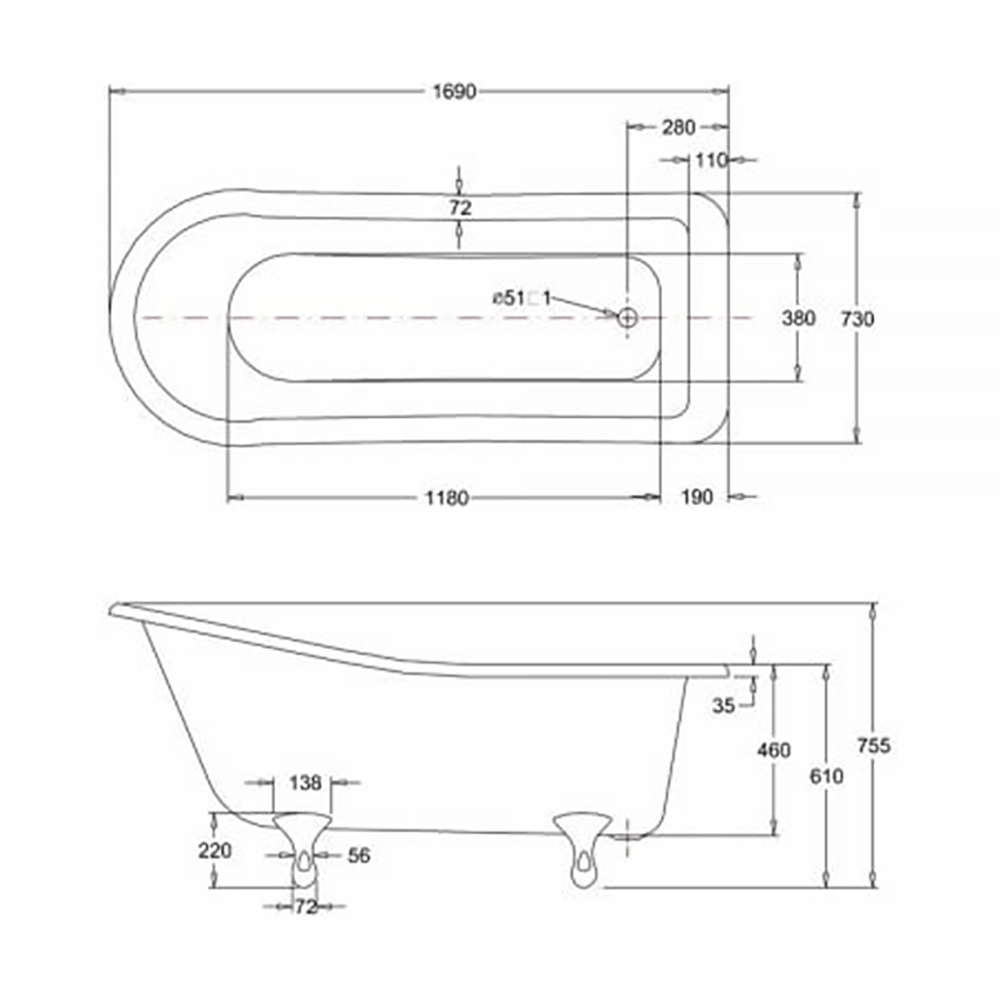 Burlington Harewood Slipper Bath with Luxury Feet - 1690 x 730mm