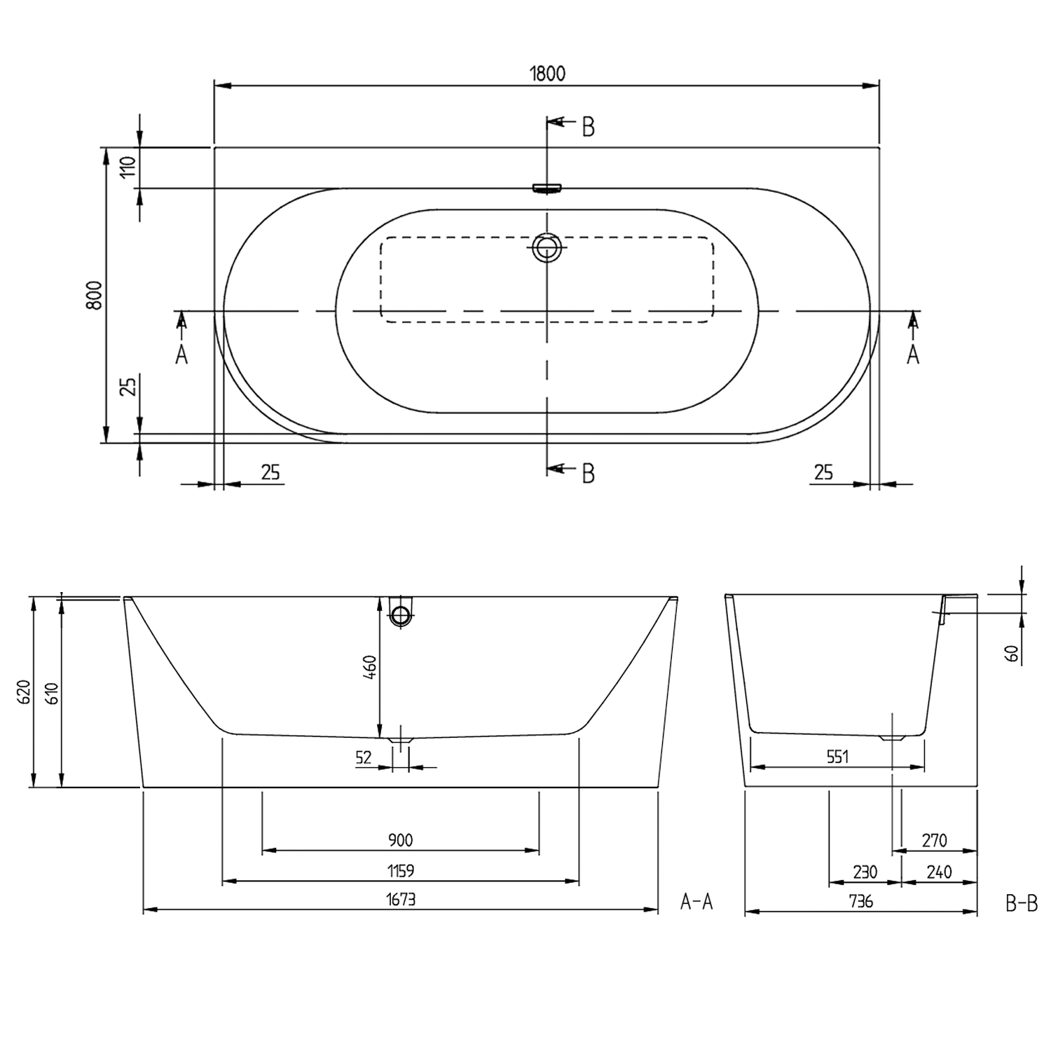 Villeroy & Boch Oberon 2.0 Quaryl Back to Wall Bath - 1800 x 800mm